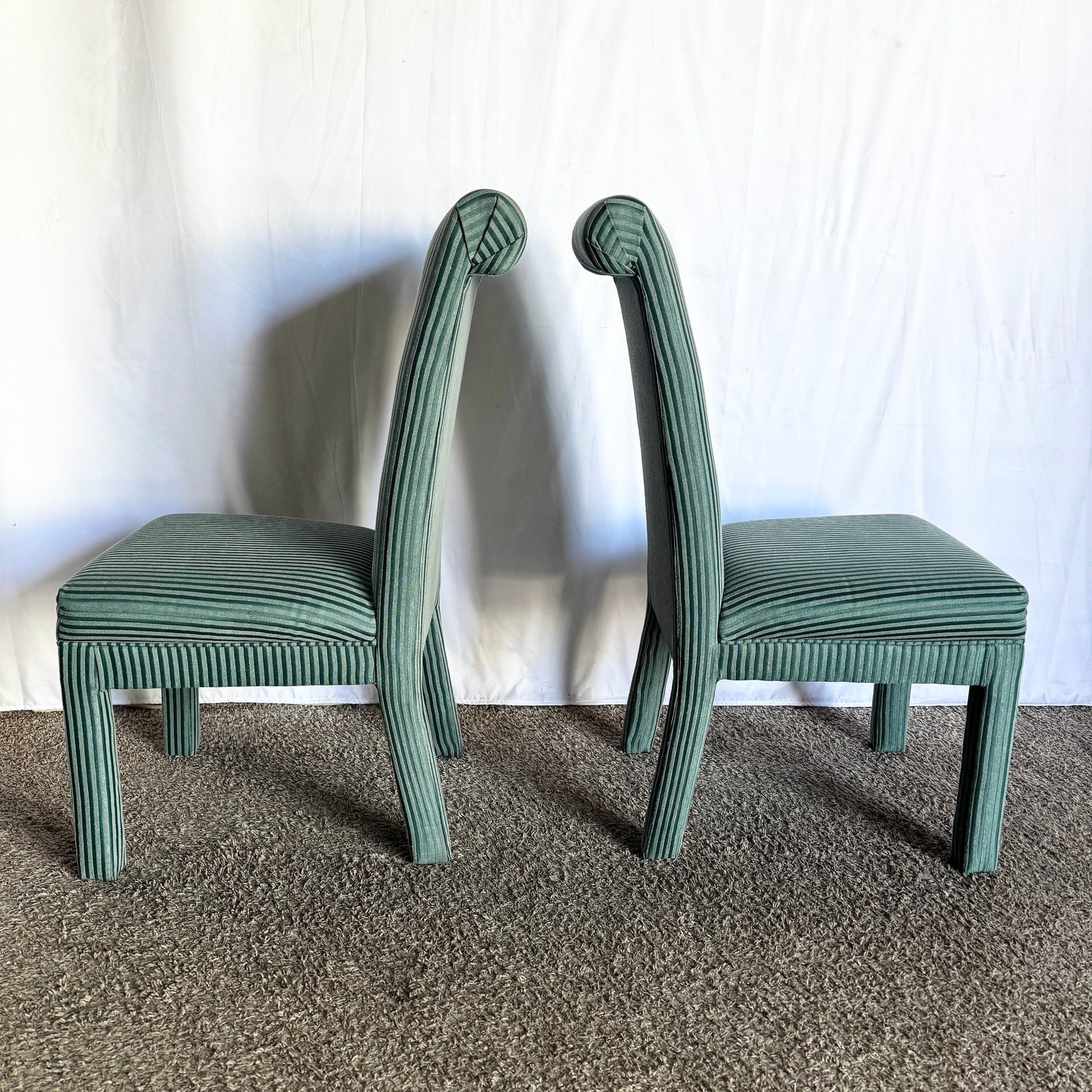 Postmodern Green Striped Fabric Parsons Dining Chairs - Set of 6 - Dolphin & Flamingo