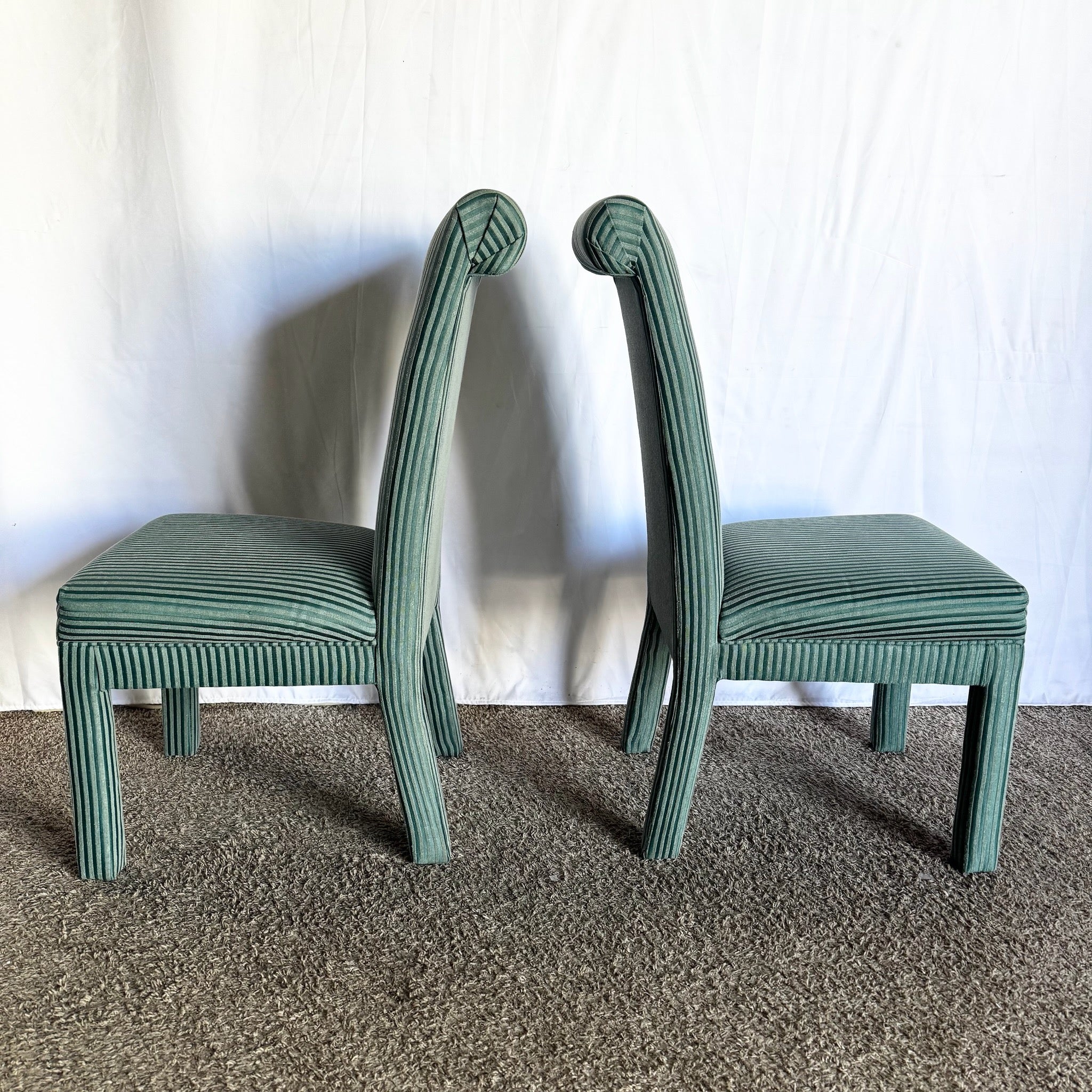Postmodern Green Striped Fabric Parsons Dining Chairs - Set of 6 - Dolphin & Flamingo