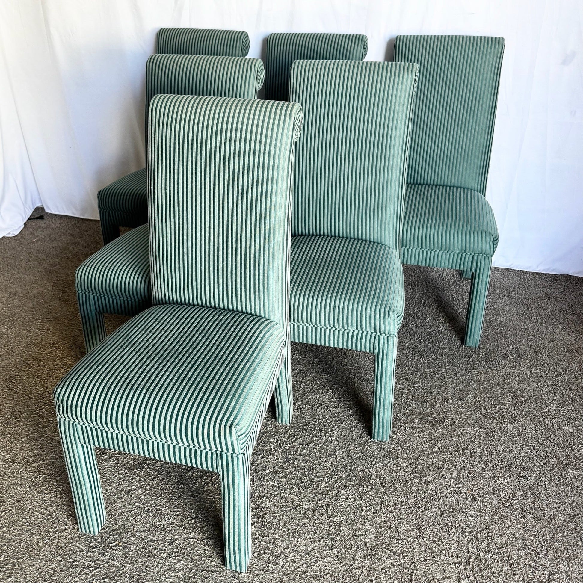 Postmodern Green Striped Fabric Parsons Dining Chairs - Set of 6 - Dolphin & Flamingo