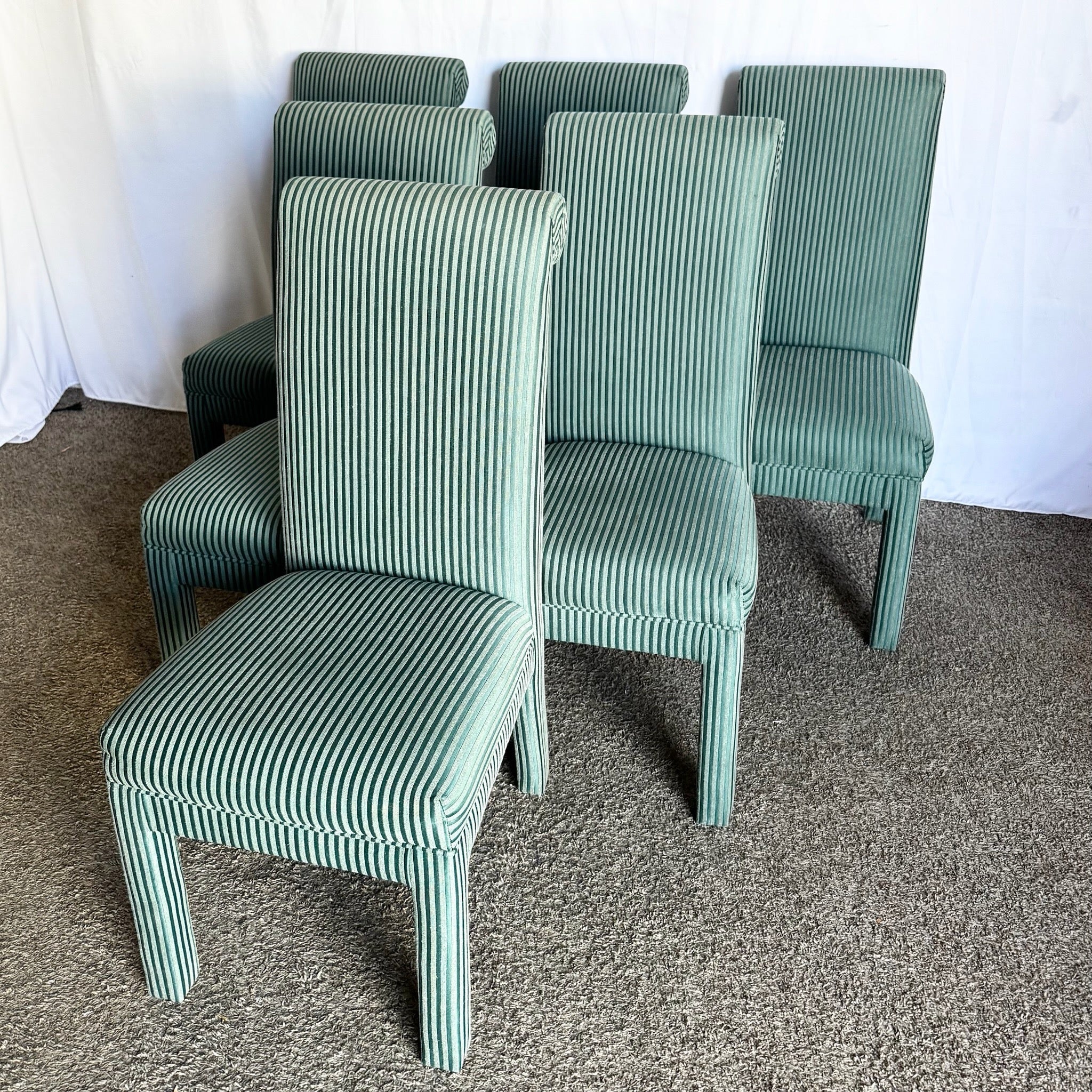 Postmodern Green Striped Fabric Parsons Dining Chairs - Set of 6 - Dolphin & Flamingo