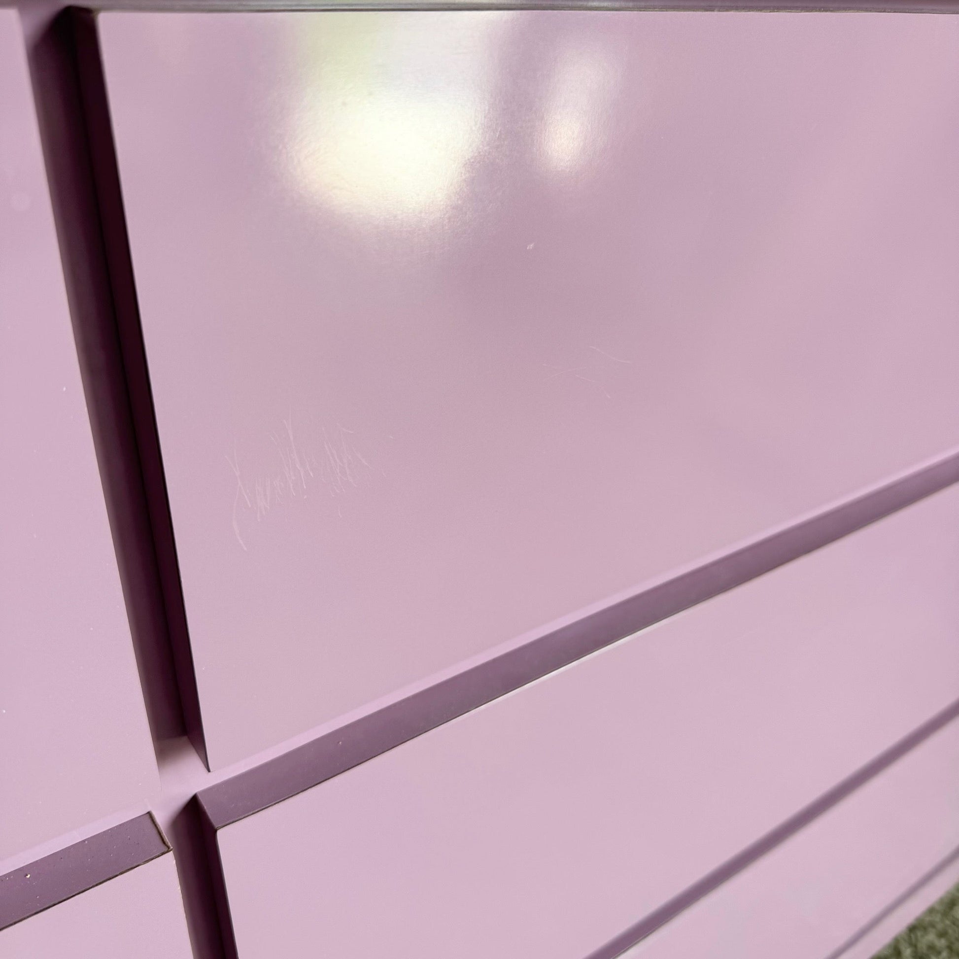 Postmodern Light Purple Gloss Laminate Waterfall Dresser With Chrome Base - Dolphin & Flamingo