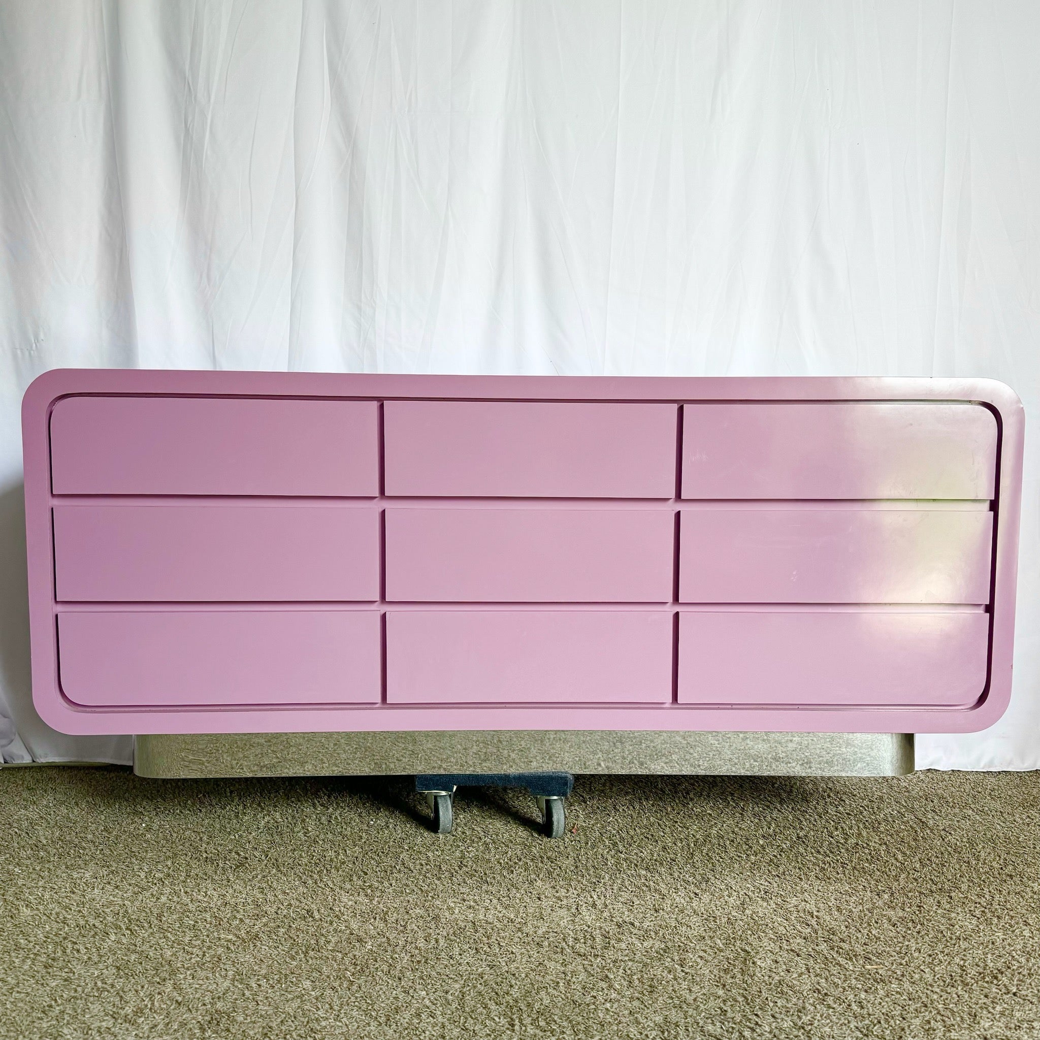 Postmodern Light Purple Gloss Laminate Waterfall Dresser With Chrome Base - Dolphin & Flamingo