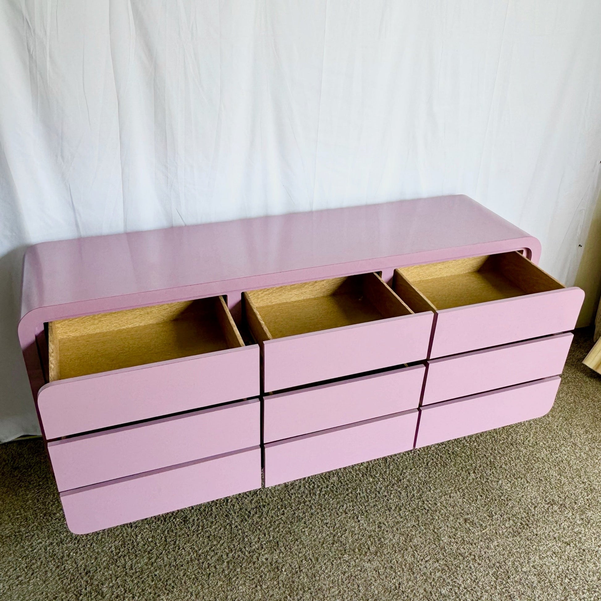 Postmodern Light Purple Gloss Laminate Waterfall Dresser With Chrome Base - Dolphin & Flamingo