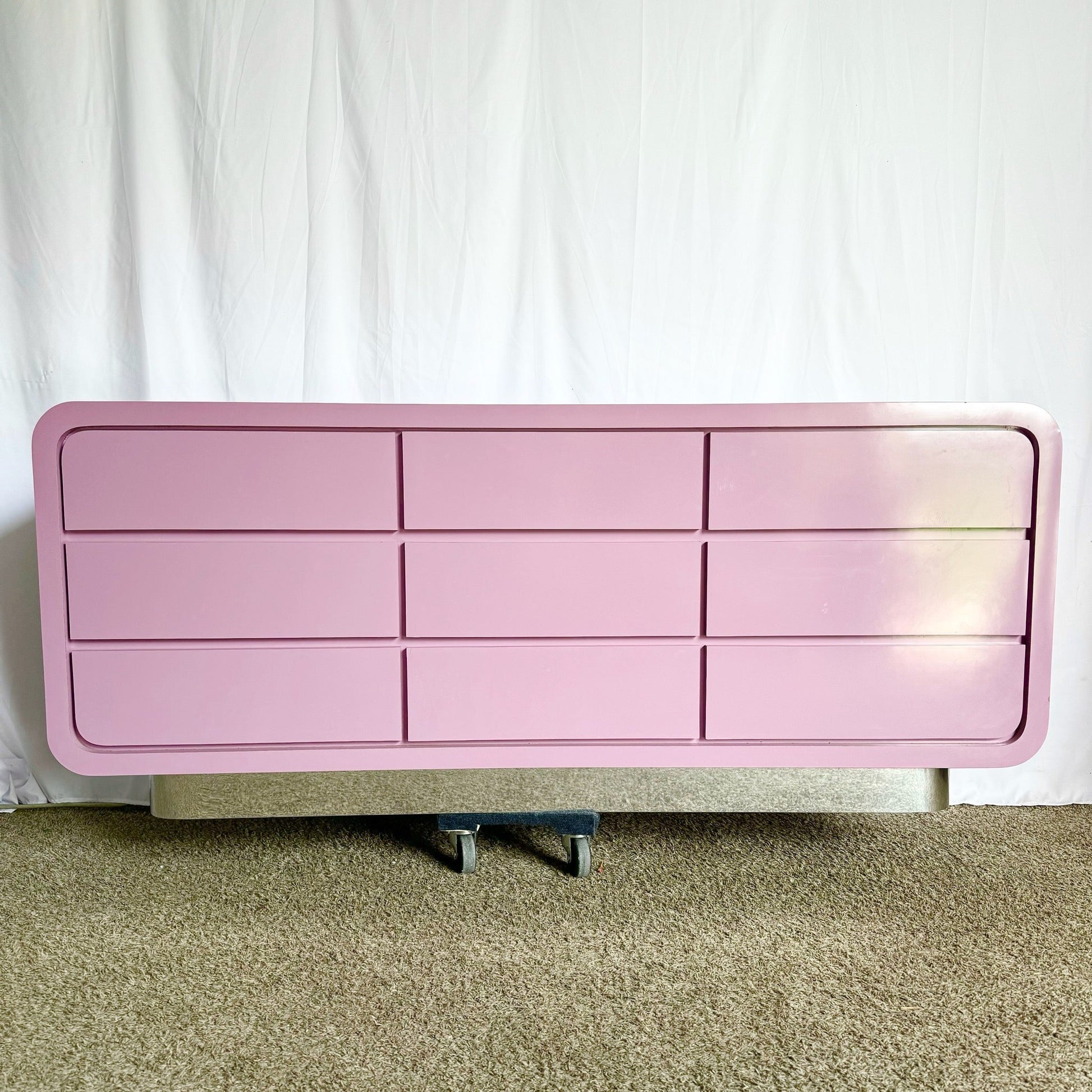 Postmodern Light Purple Gloss Laminate Waterfall Dresser With Chrome Base - Dolphin & Flamingo