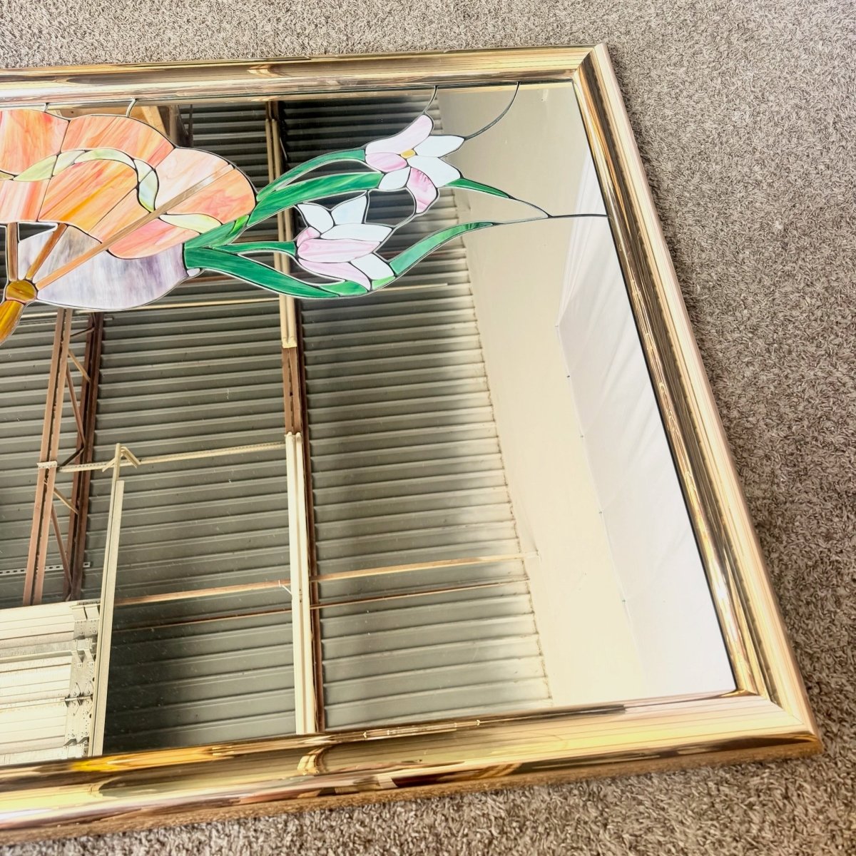 Postmodern Lily Flower Stained Glass Gold Frame Wall Mirror - Dolphin & Flamingo