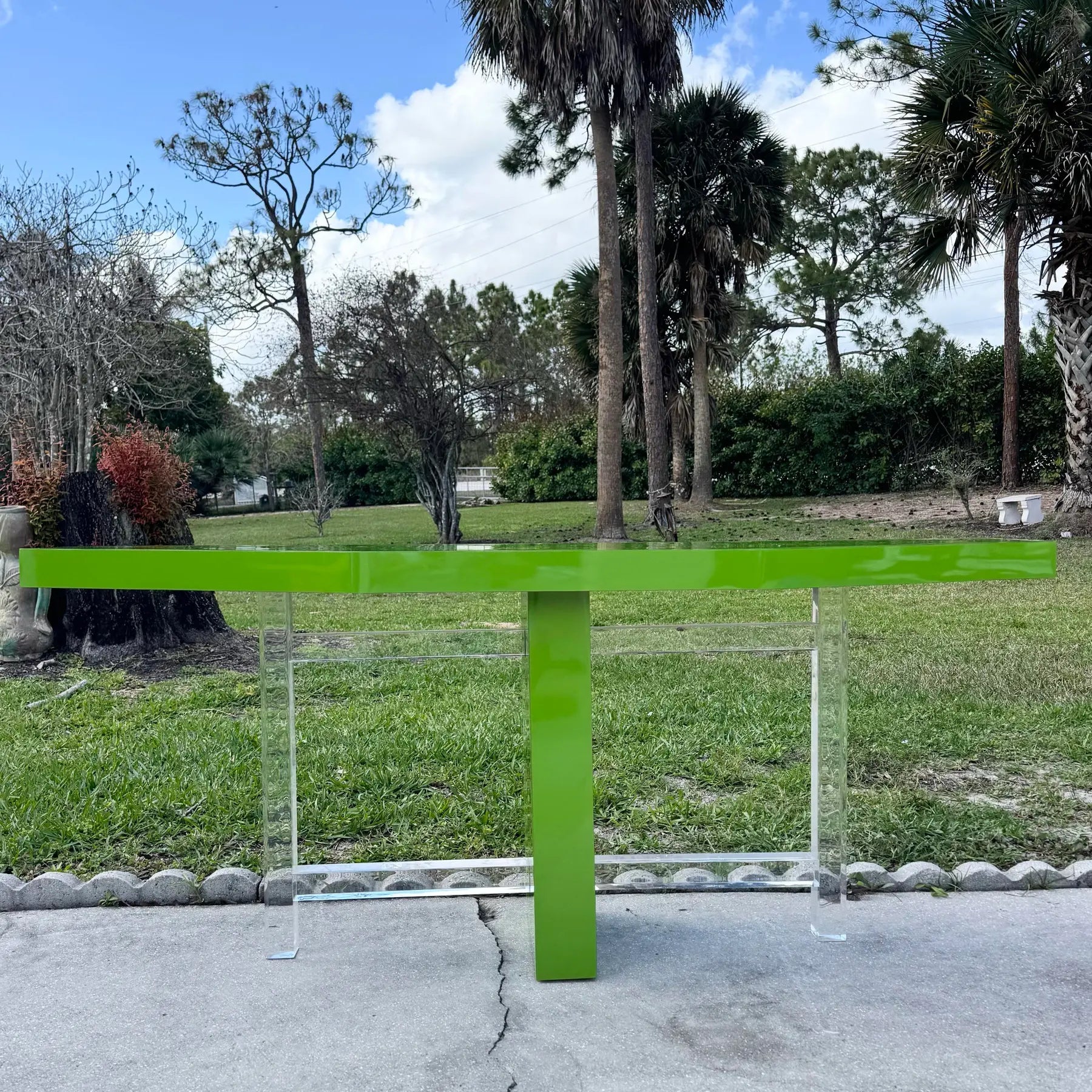 Postmodern Lime Green Lacquer Laminate and Lucite Console Table Dolphin & Flamingo