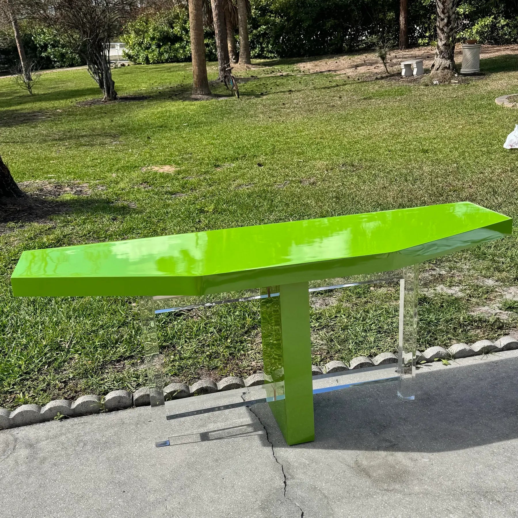 Postmodern Lime Green Lacquer Laminate and Lucite Console Table Dolphin & Flamingo