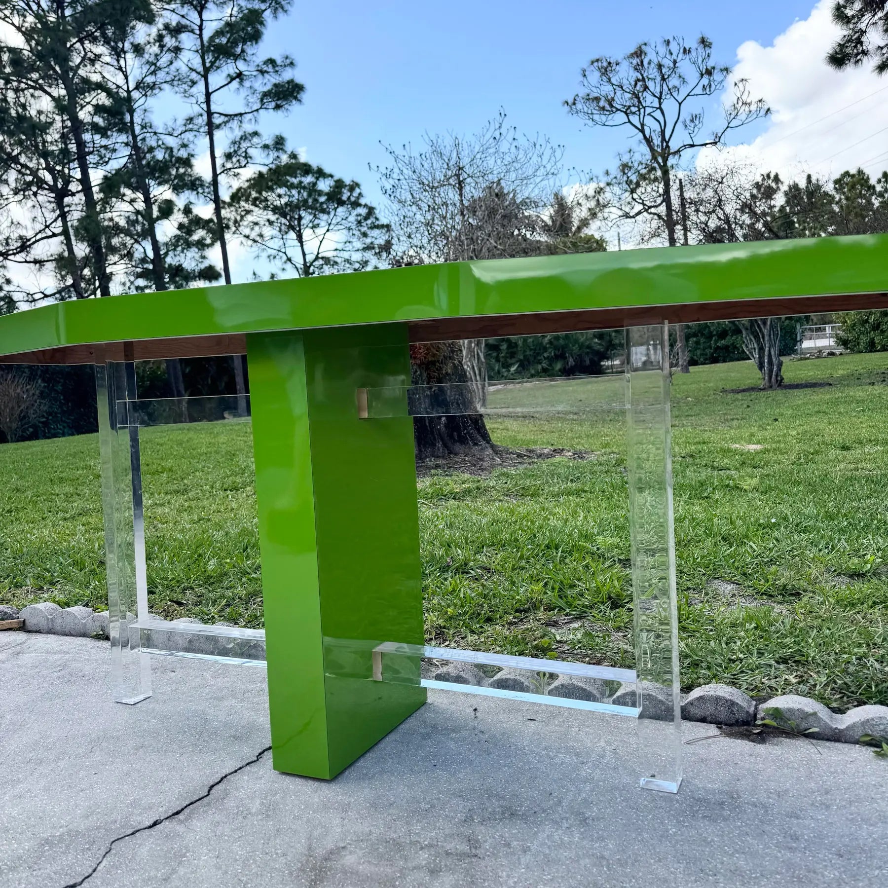 Postmodern Lime Green Lacquer Laminate and Lucite Console Table Dolphin & Flamingo
