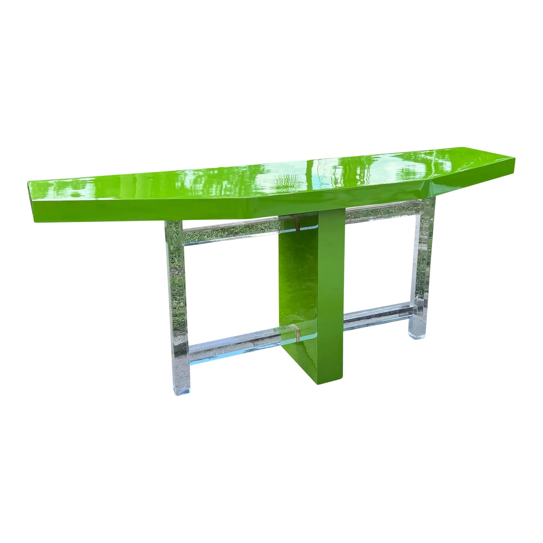 Postmodern Lime Green Lacquer Laminate and Lucite Console Table Dolphin & Flamingo