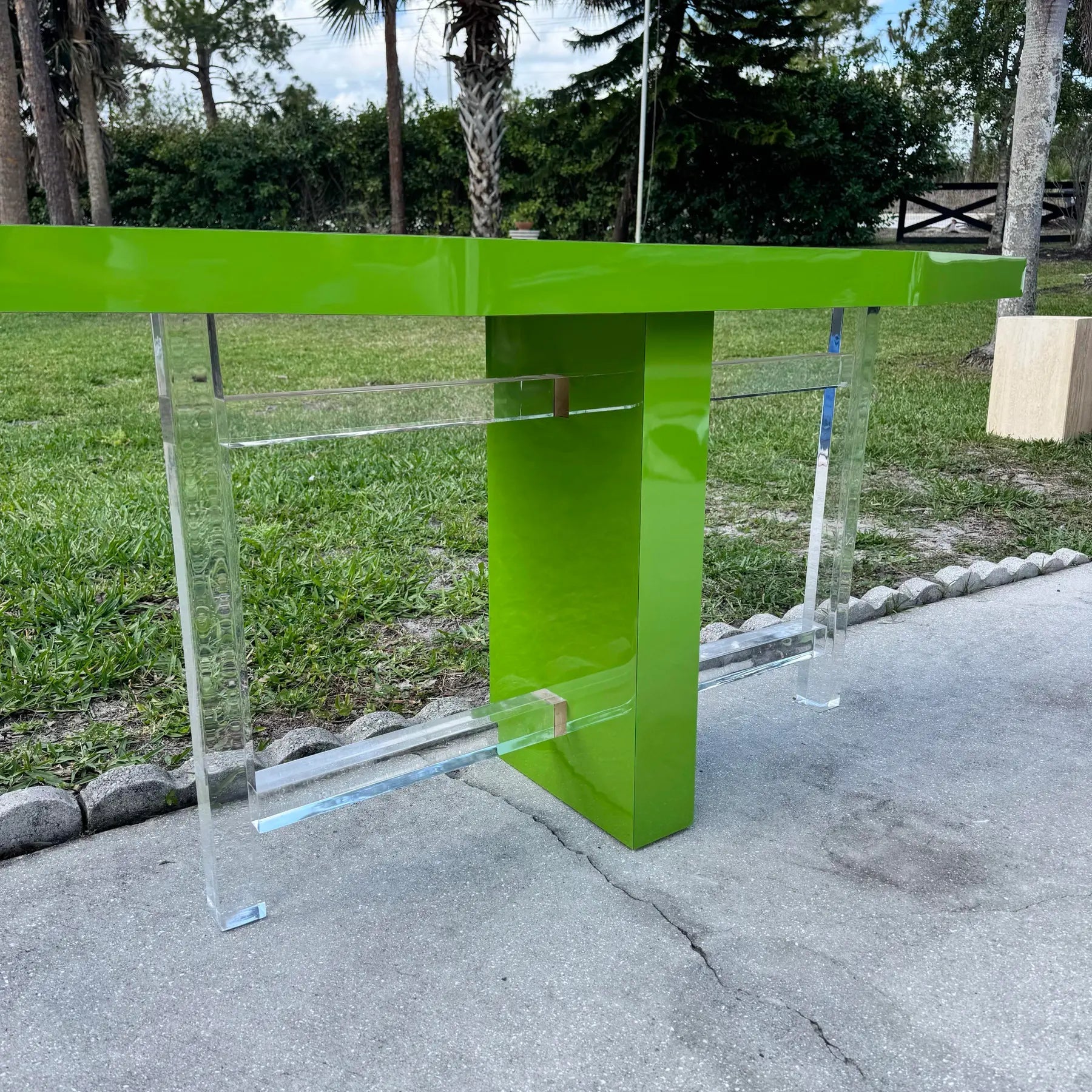 Postmodern Lime Green Lacquer Laminate and Lucite Console Table Dolphin & Flamingo