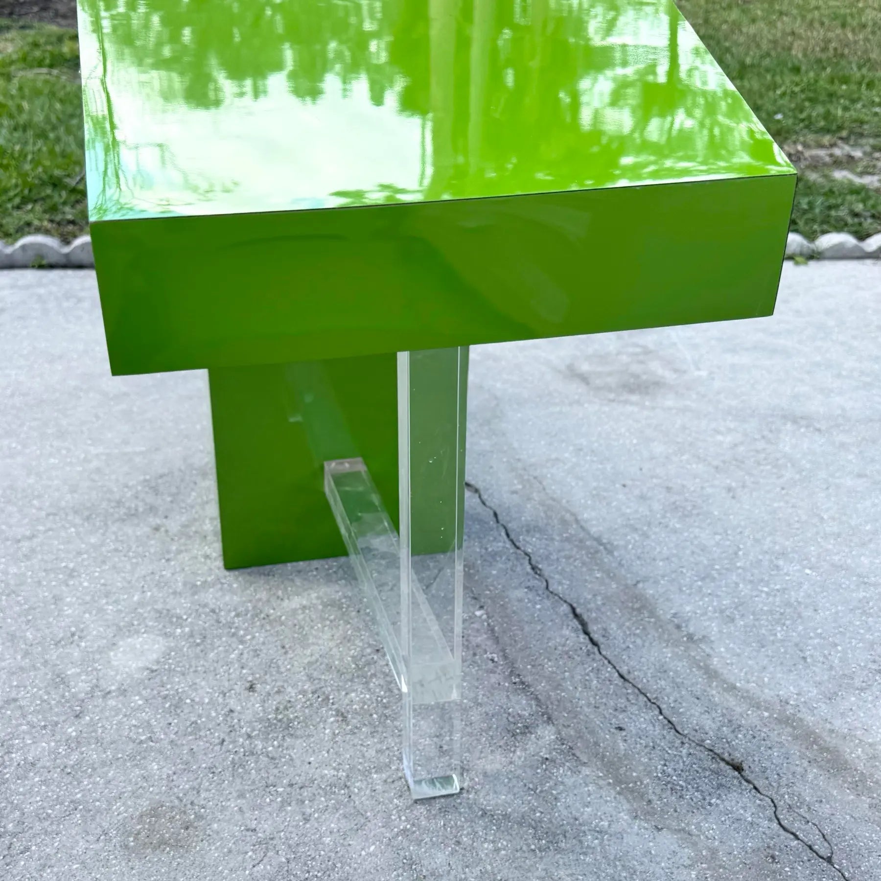 Postmodern Lime Green Lacquer Laminate and Lucite Console Table Dolphin & Flamingo