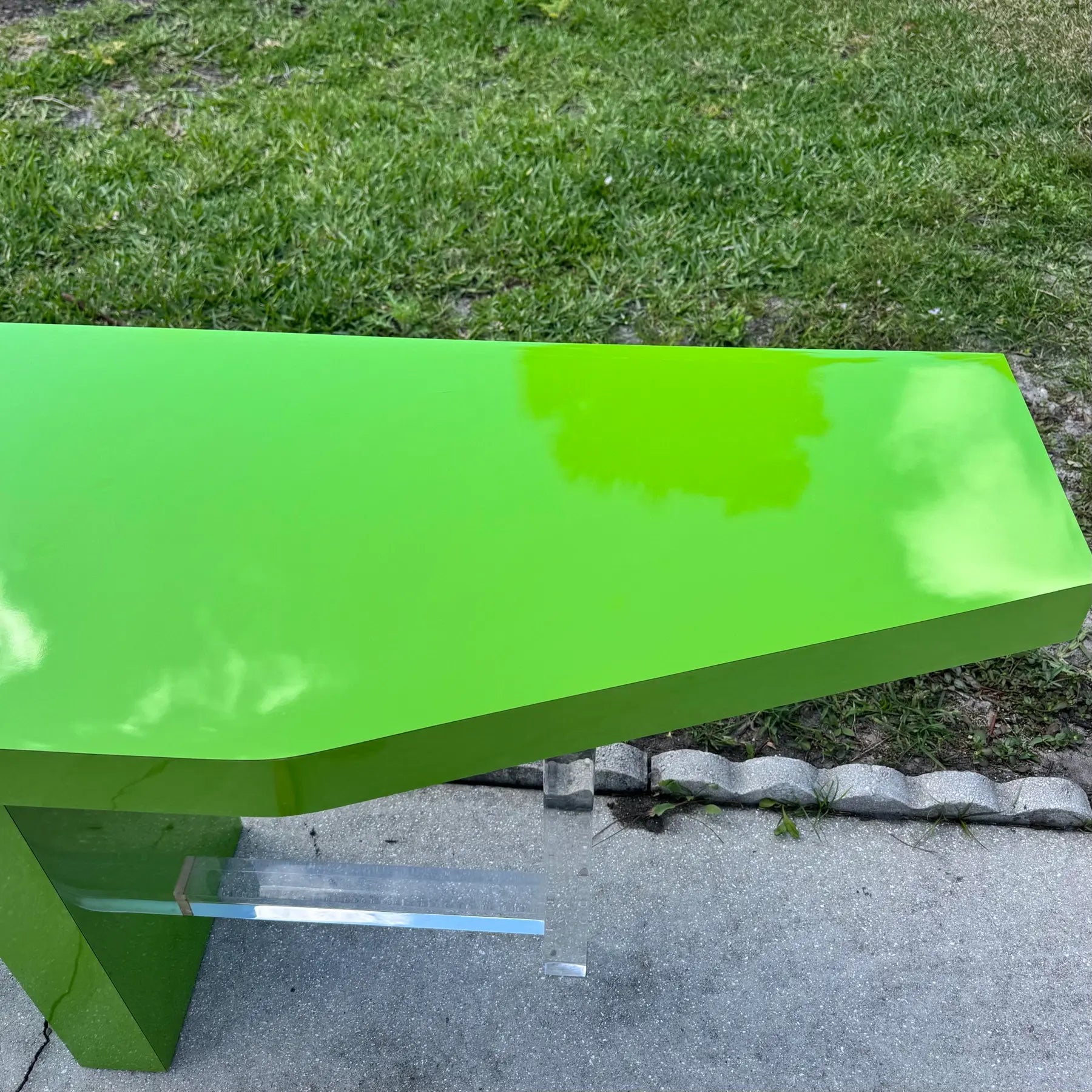 Postmodern Lime Green Lacquer Laminate and Lucite Console Table Dolphin & Flamingo