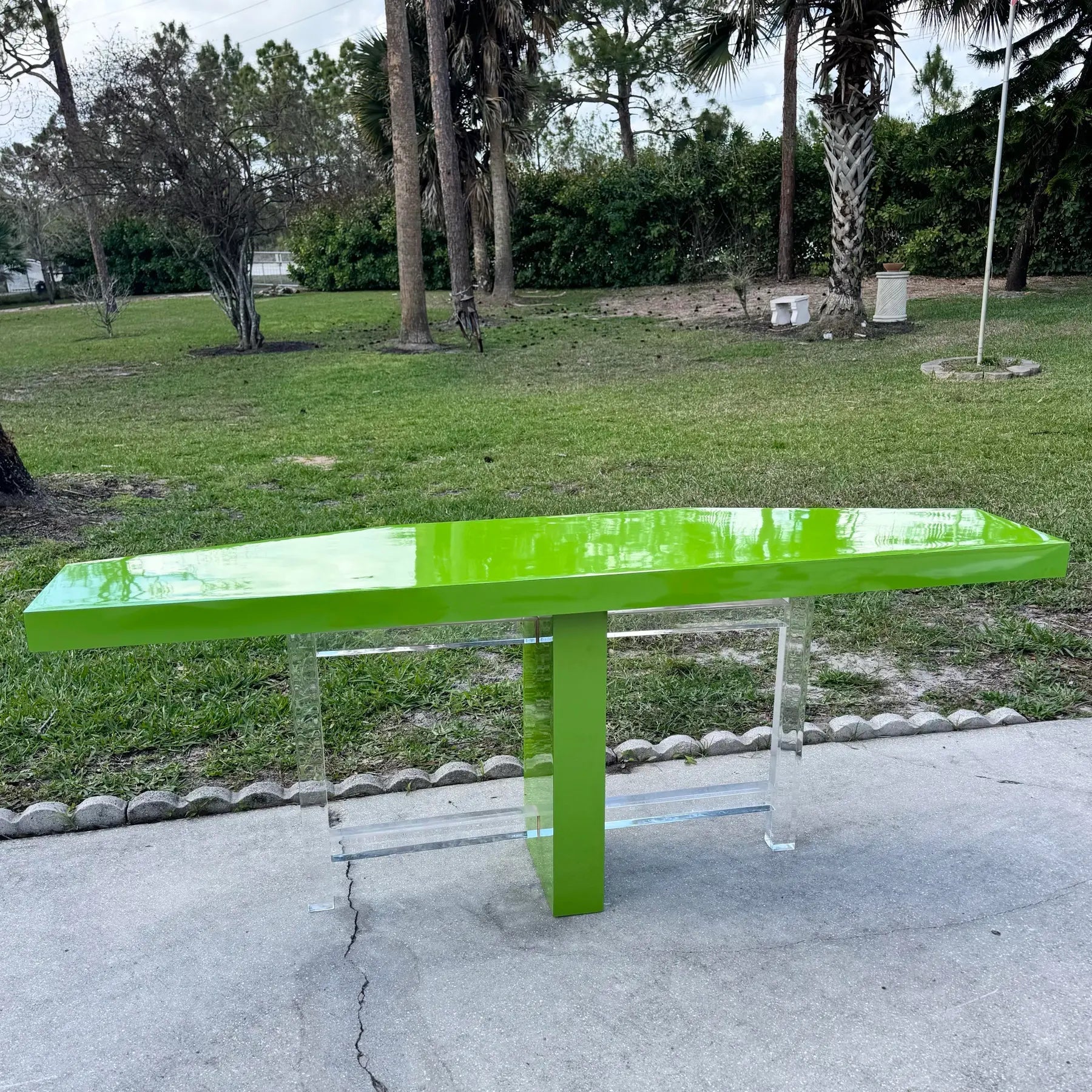 Postmodern Lime Green Lacquer Laminate and Lucite Console Table Dolphin & Flamingo