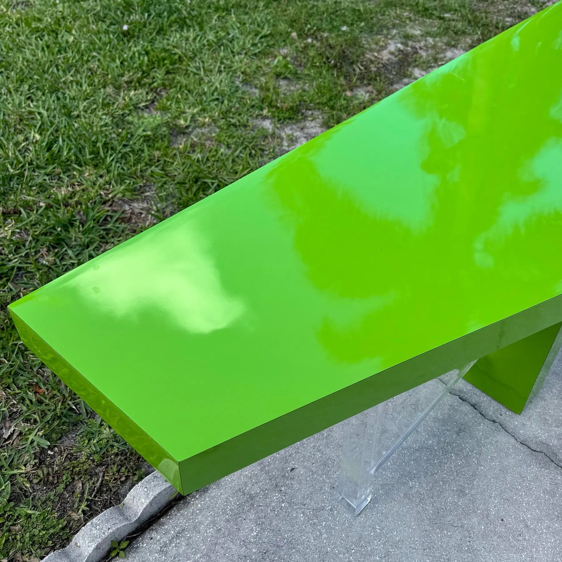 Postmodern Lime Green Lacquer Laminate and Lucite Console Table Dolphin & Flamingo