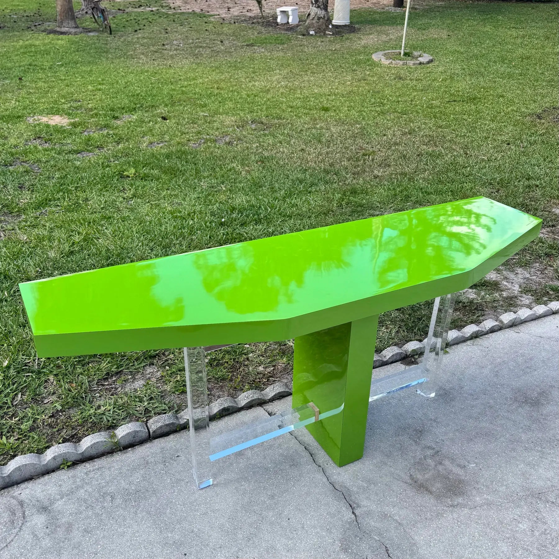 Postmodern Lime Green Lacquer Laminate and Lucite Console Table Dolphin & Flamingo