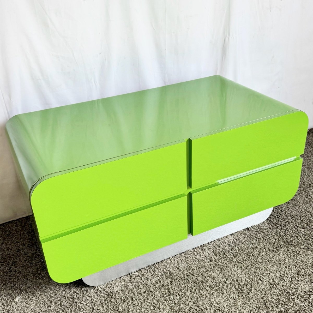 Postmodern Lime Green Lacquer Laminate Waterfall Dresser - Dolphin & Flamingo