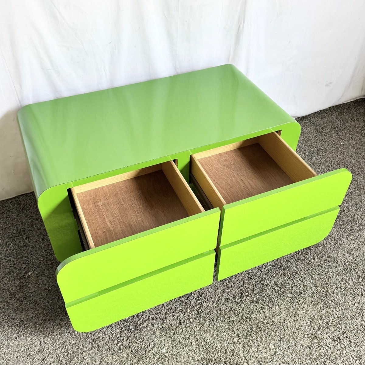 Postmodern Lime Green Lacquer Laminate Waterfall Dresser - Dolphin & Flamingo