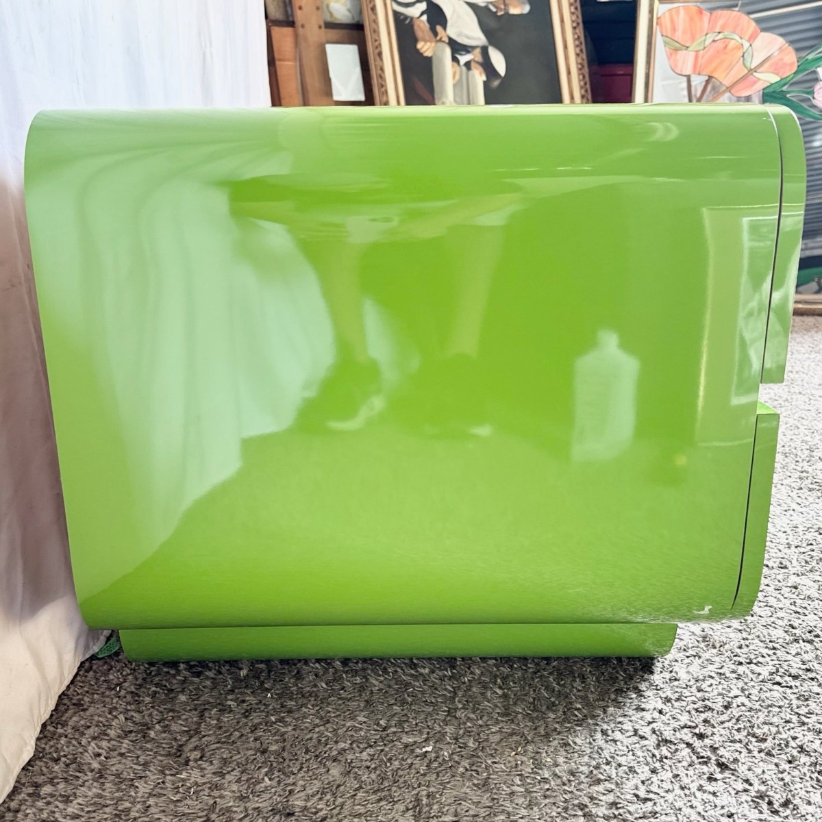 Postmodern Lime Green Lacquer Laminate Waterfall Dresser - Dolphin & Flamingo
