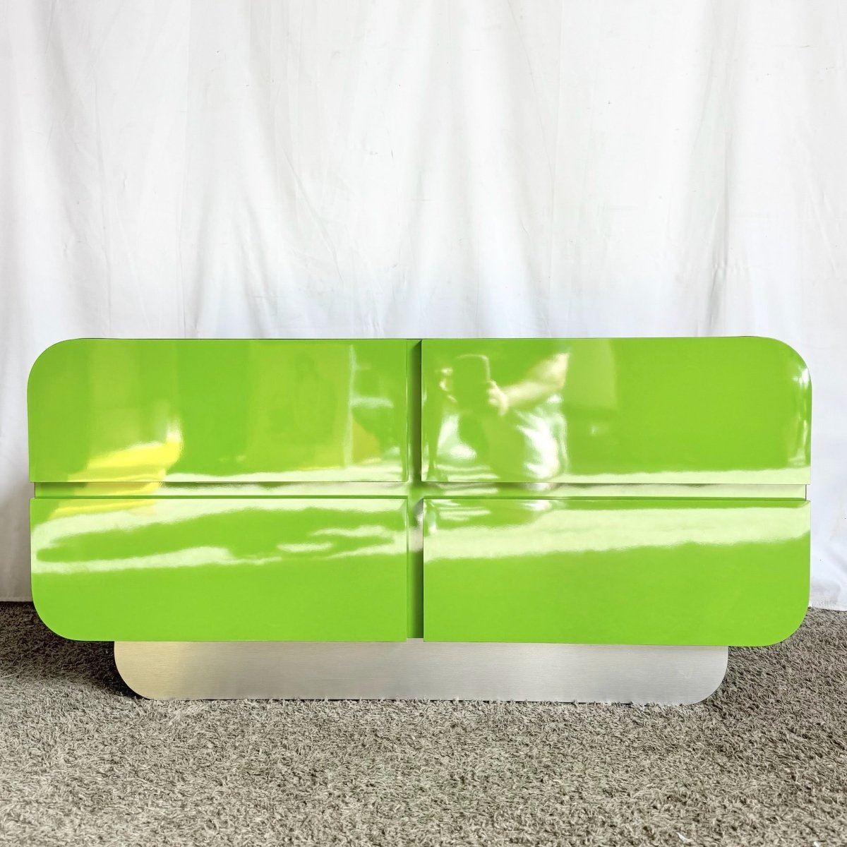 Postmodern Lime Green Lacquer Laminate Waterfall Dresser - Dolphin & Flamingo