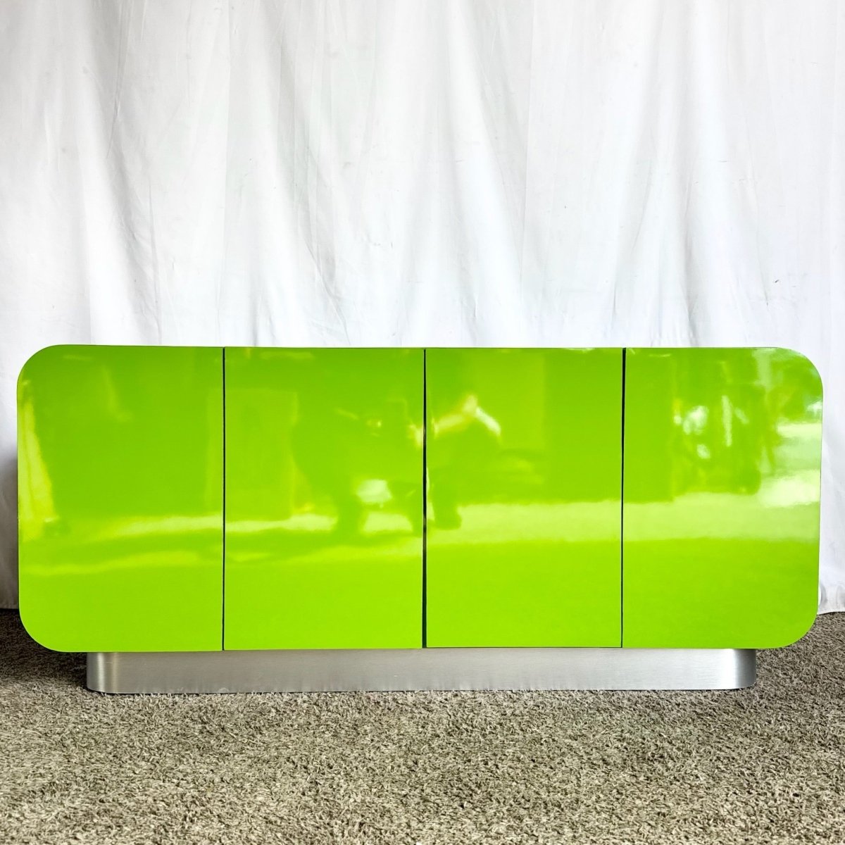 Postmodern Lime Green Lacquer Laminate Waterfall Low Credenza - Dolphin & Flamingo