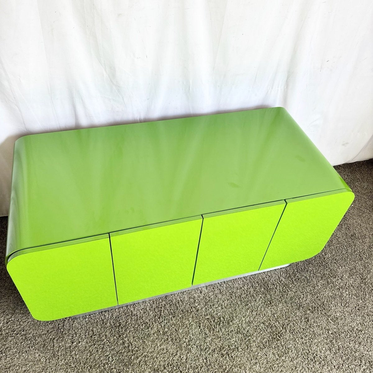 Postmodern Lime Green Lacquer Laminate Waterfall Low Credenza - Dolphin & Flamingo