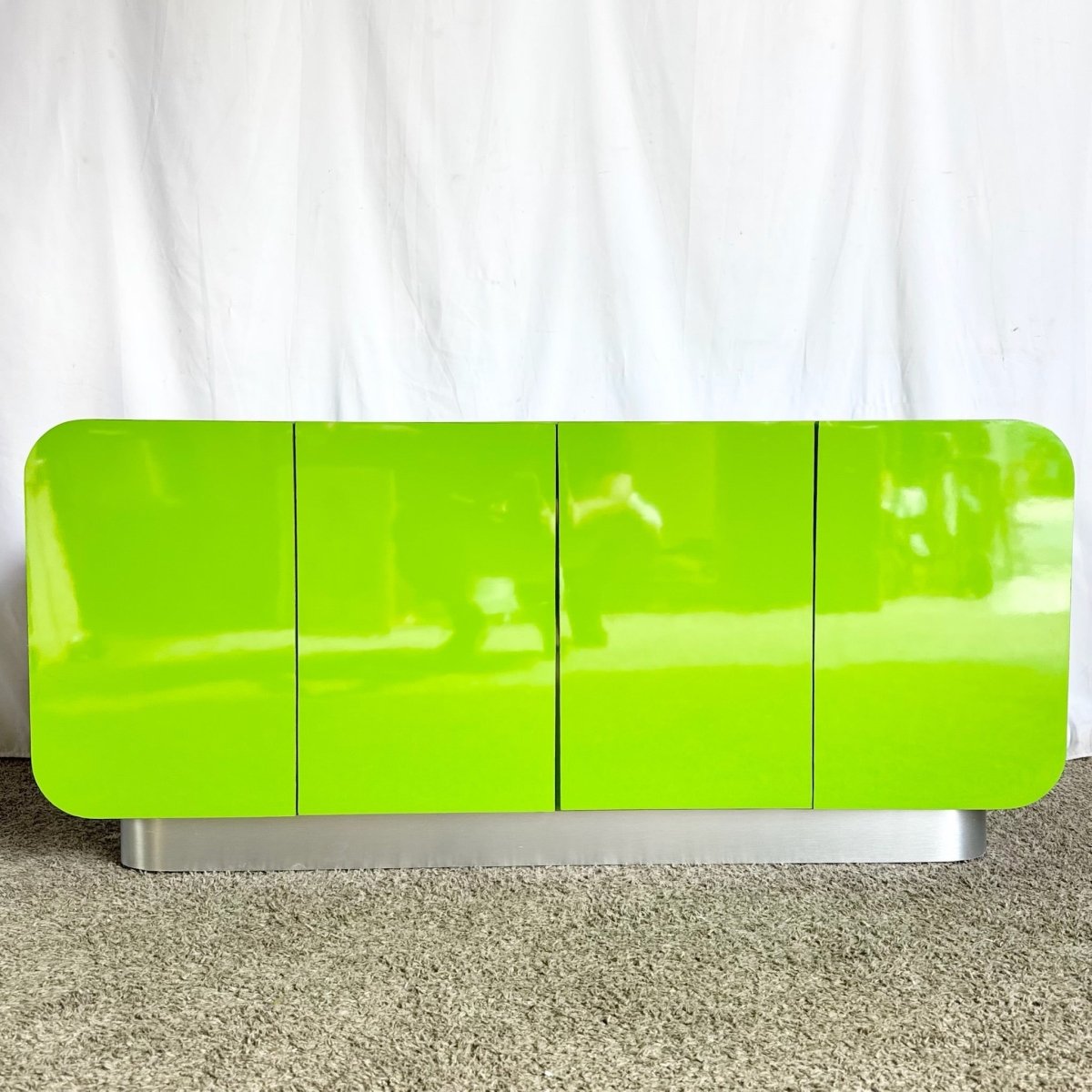 Postmodern Lime Green Lacquer Laminate Waterfall Low Credenza - Dolphin & Flamingo