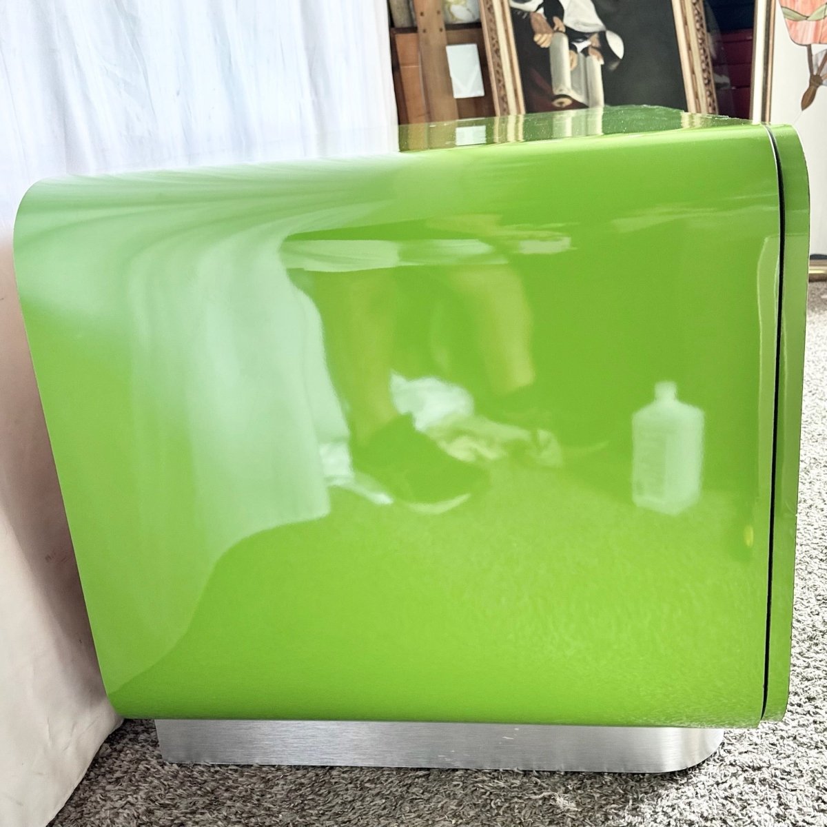 Postmodern Lime Green Lacquer Laminate Waterfall Low Credenza - Dolphin & Flamingo