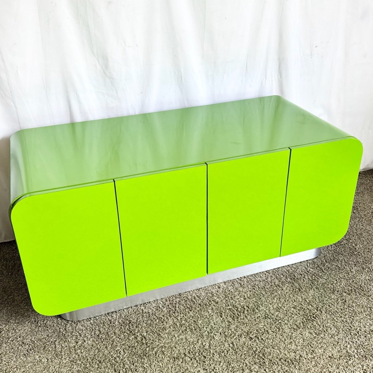 Postmodern Lime Green Lacquer Laminate Waterfall Low Credenza - Dolphin & Flamingo