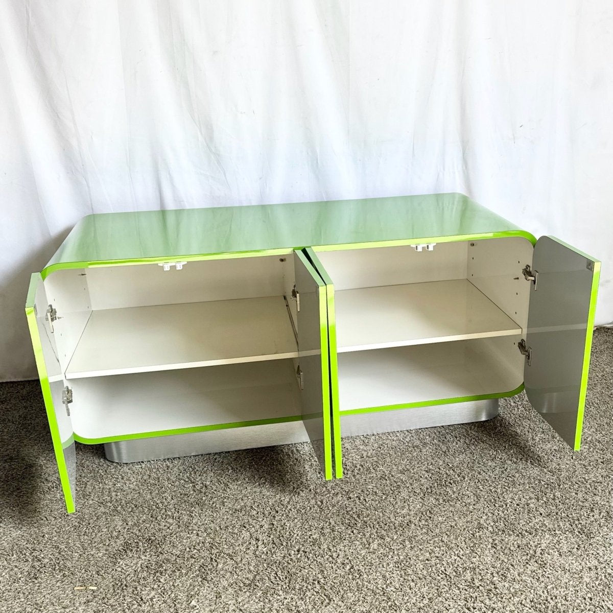 Postmodern Lime Green Lacquer Laminate Waterfall Low Credenza - Dolphin & Flamingo