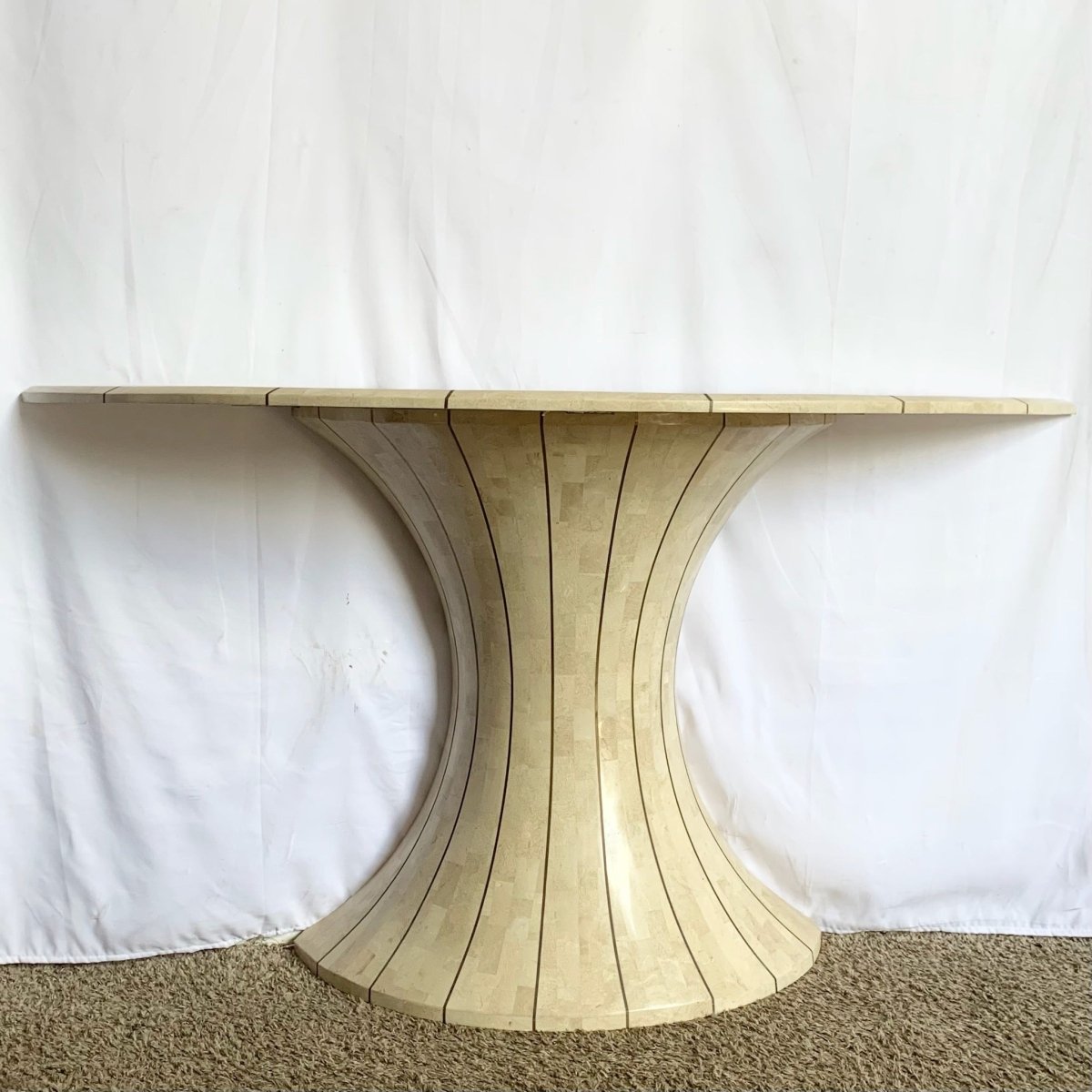 Postmodern Maitland Smith Style Demi - lune Console With Brass Inlay - Dolphin & Flamingo