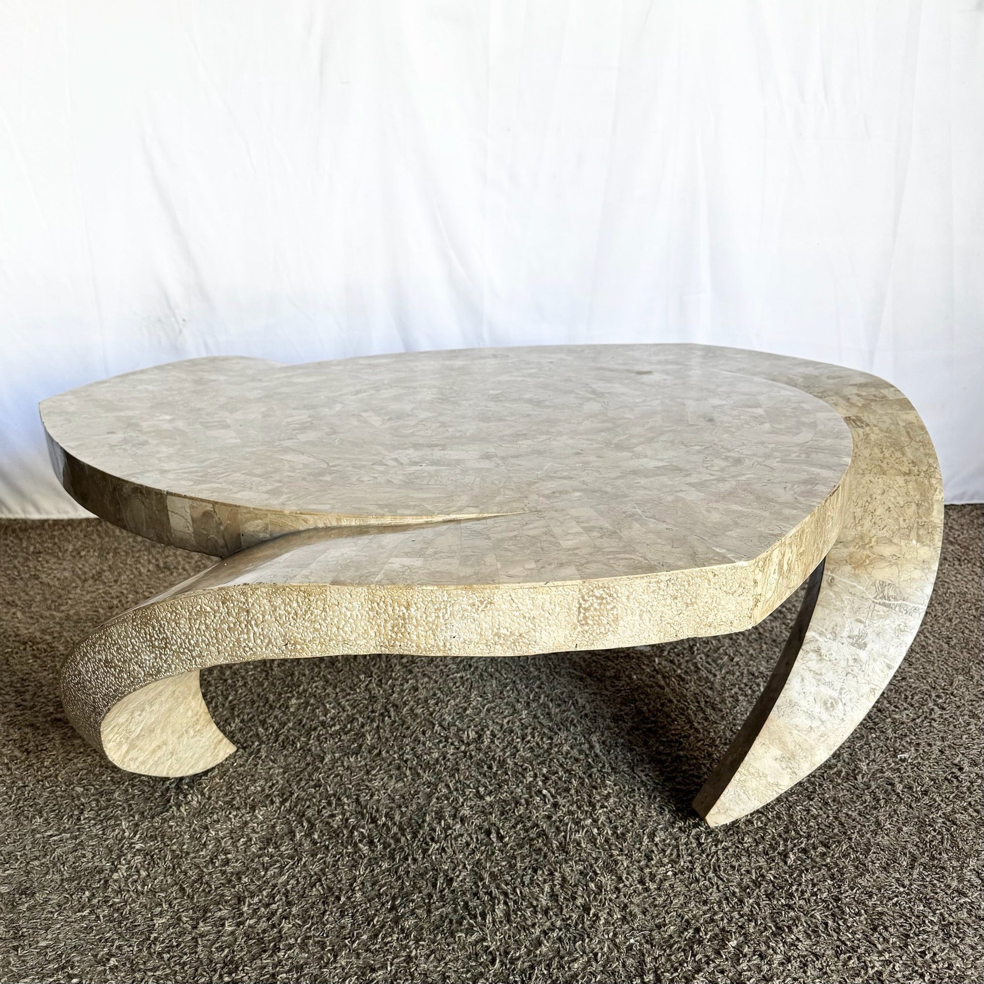Postmodern Maitland Smith Style Sculpted Circular Polished Tessellated Stone Coffee Table - Dolphin & Flamingo