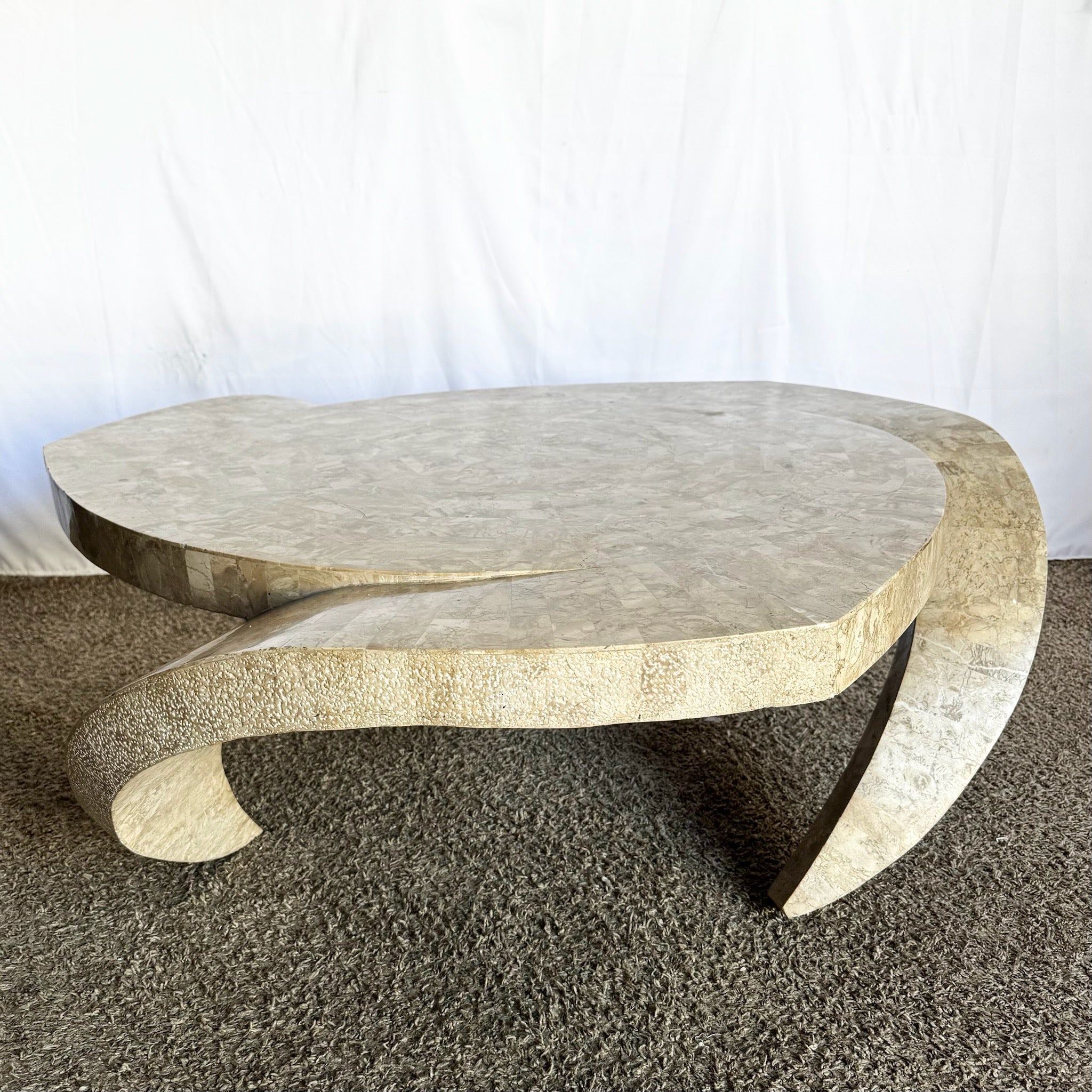Postmodern Maitland Smith Style Sculpted Circular Polished Tessellated Stone Coffee Table - Dolphin & Flamingo