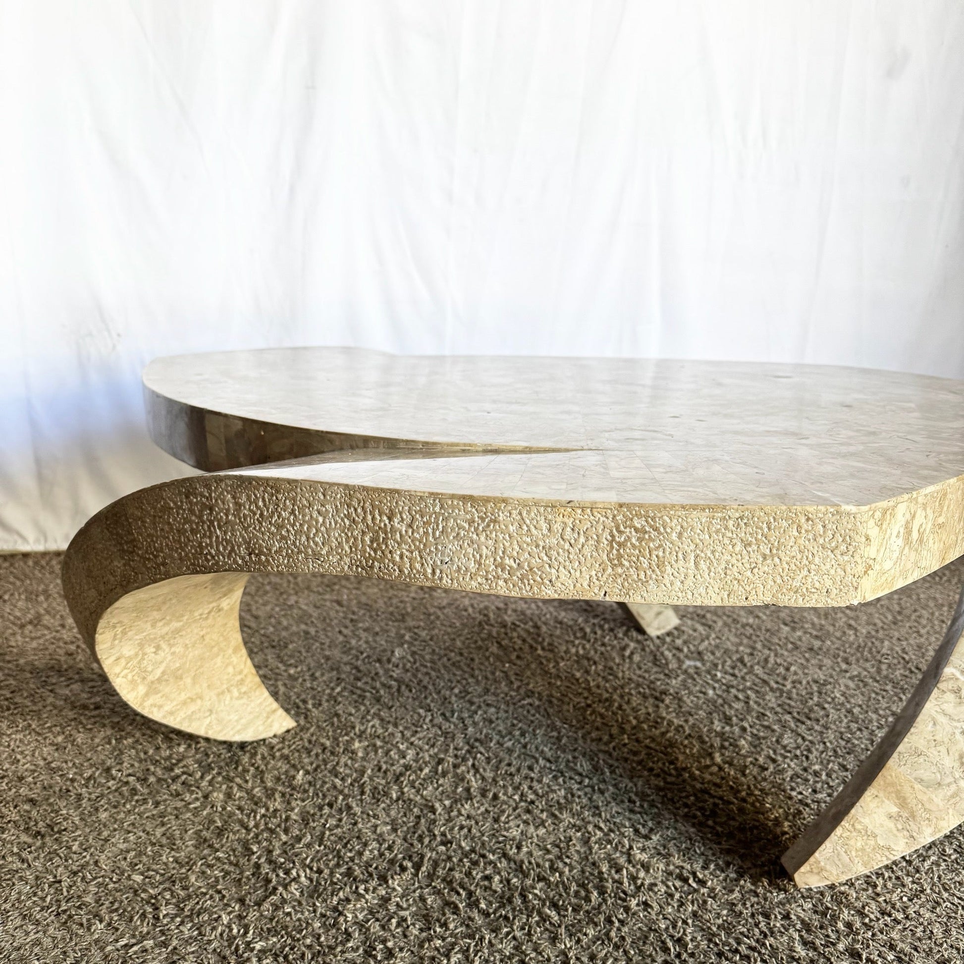 Postmodern Maitland Smith Style Sculpted Circular Polished Tessellated Stone Coffee Table - Dolphin & Flamingo