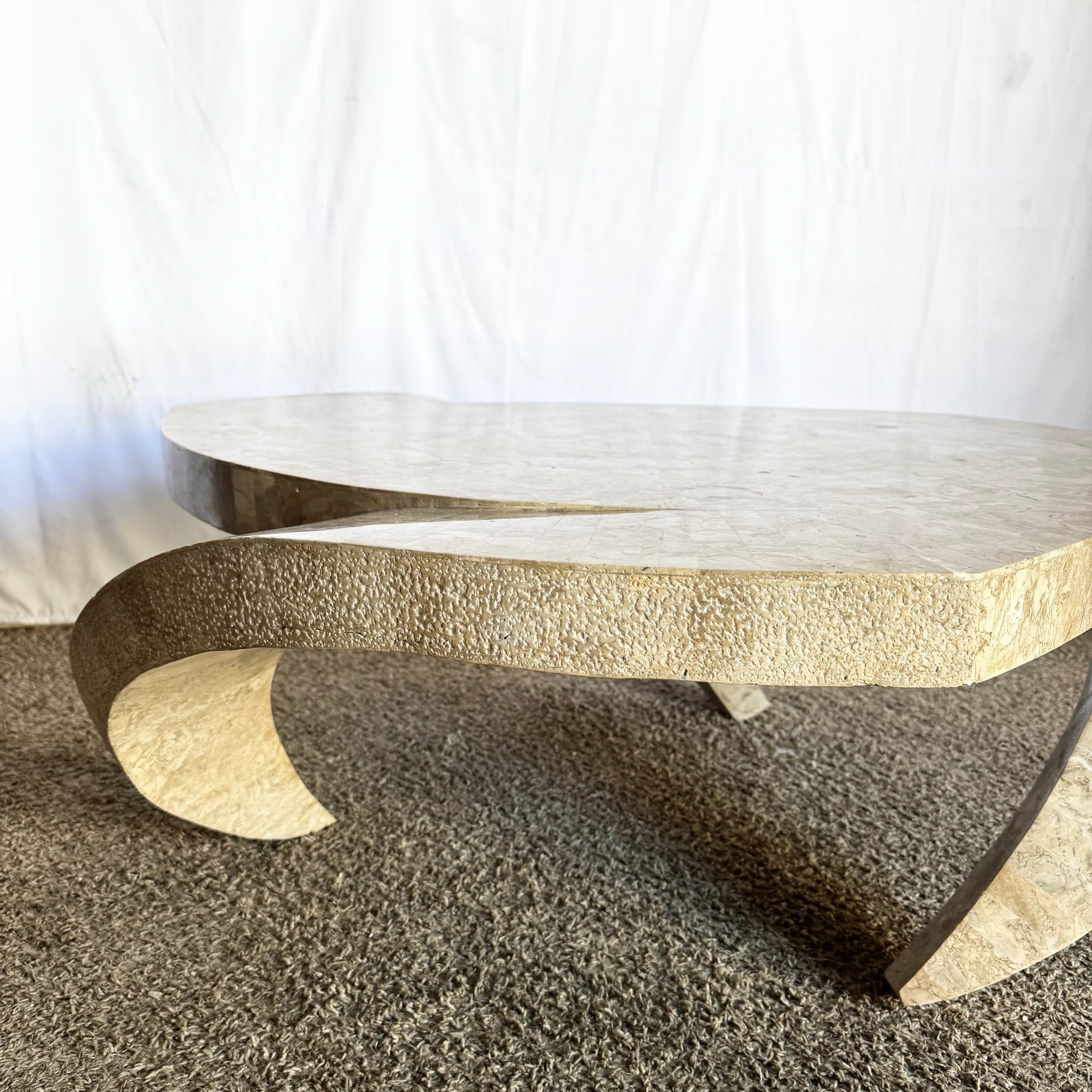 Postmodern Maitland Smith Style Sculpted Circular Polished Tessellated Stone Coffee Table - Dolphin & Flamingo