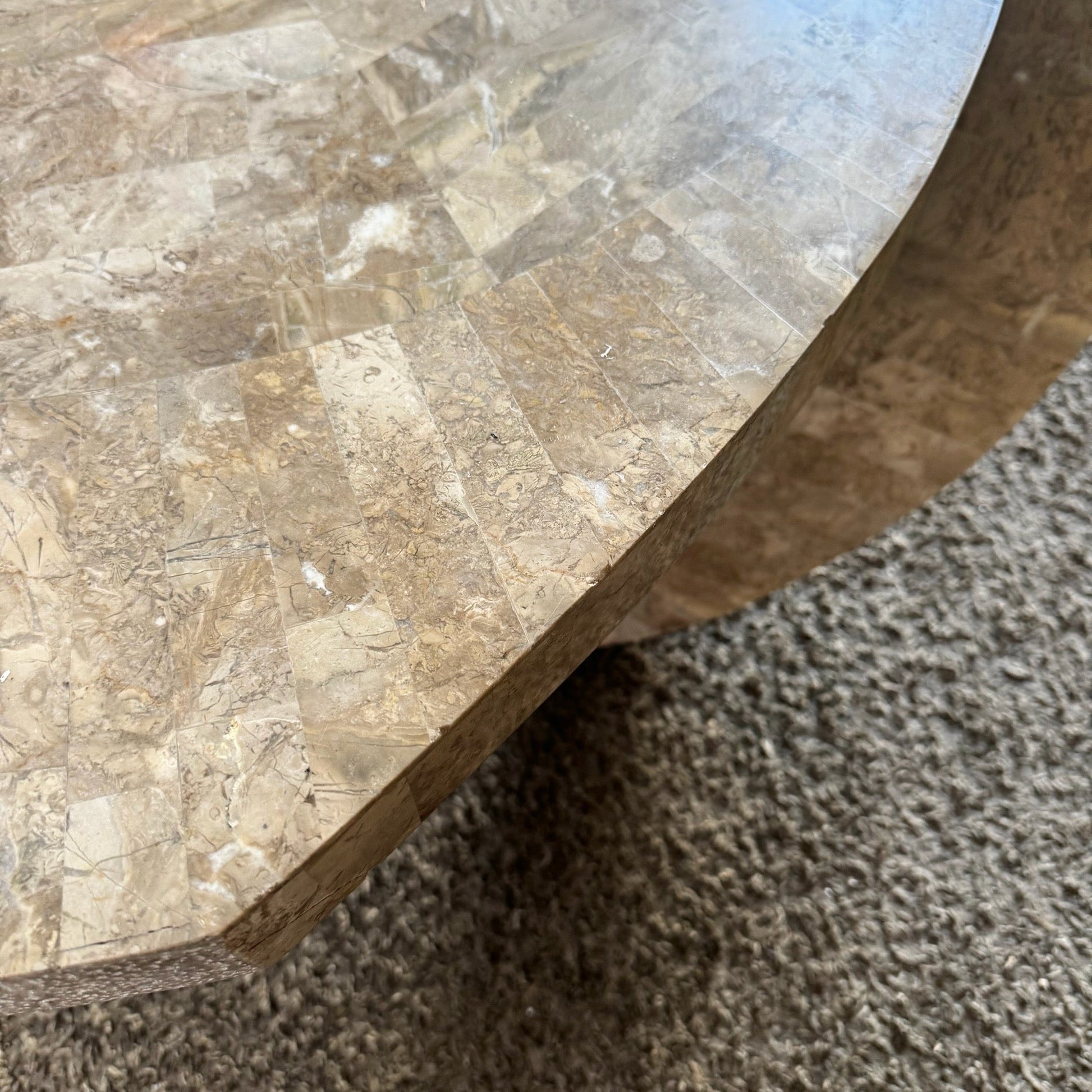 Postmodern Maitland Smith Style Sculpted Circular Polished Tessellated Stone Coffee Table - Dolphin & Flamingo