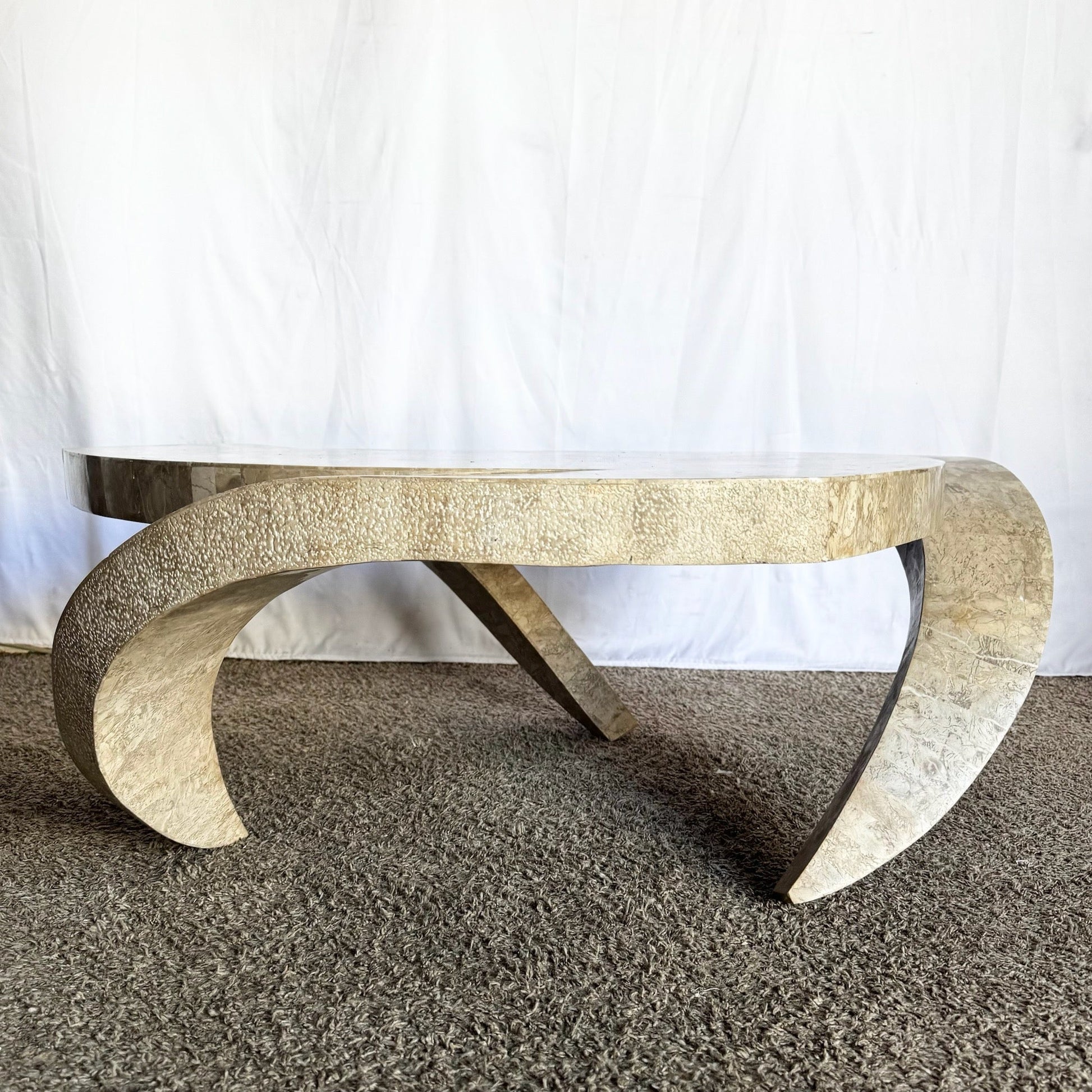 Postmodern Maitland Smith Style Sculpted Circular Polished Tessellated Stone Coffee Table - Dolphin & Flamingo