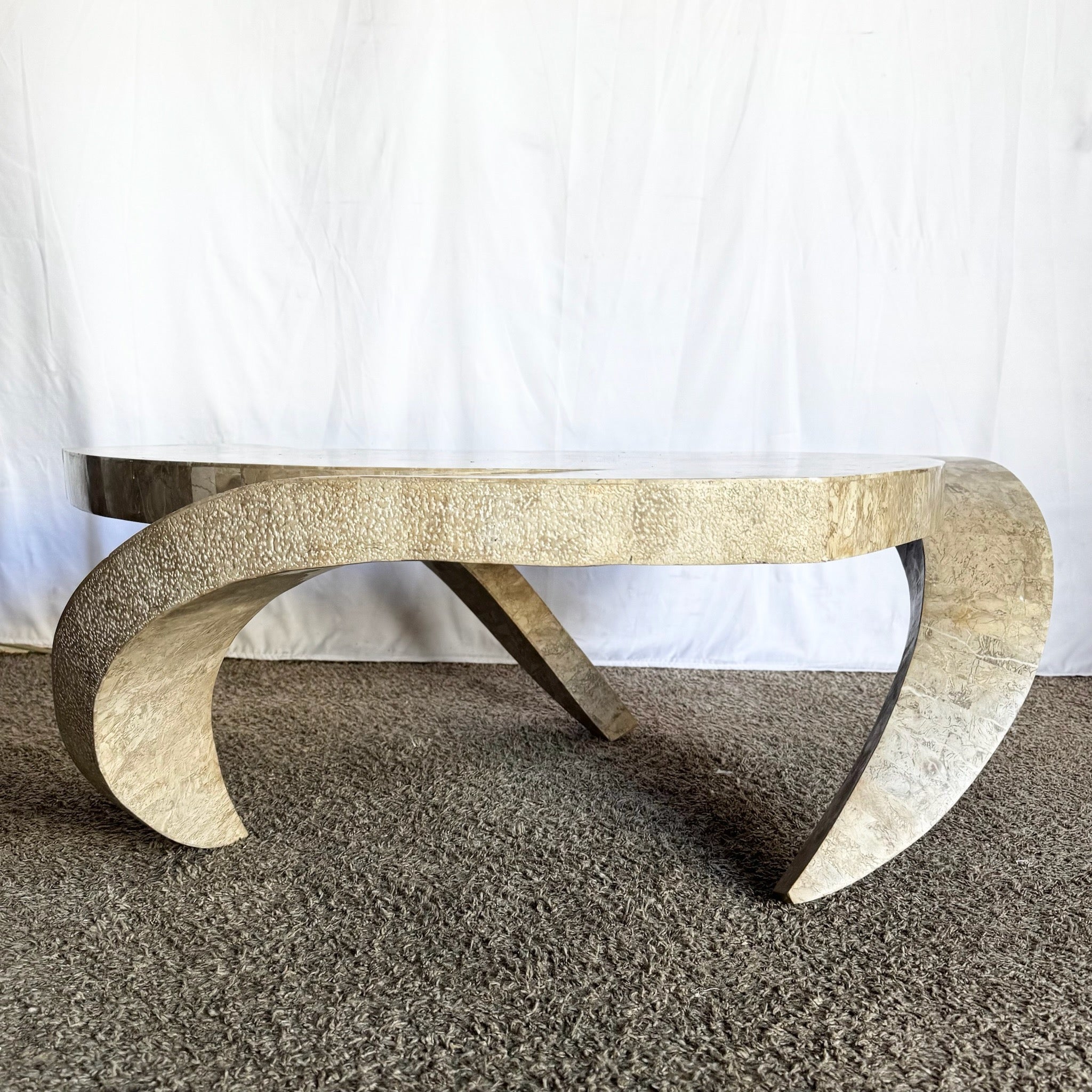 Postmodern Maitland Smith Style Sculpted Circular Polished Tessellated Stone Coffee Table - Dolphin & Flamingo