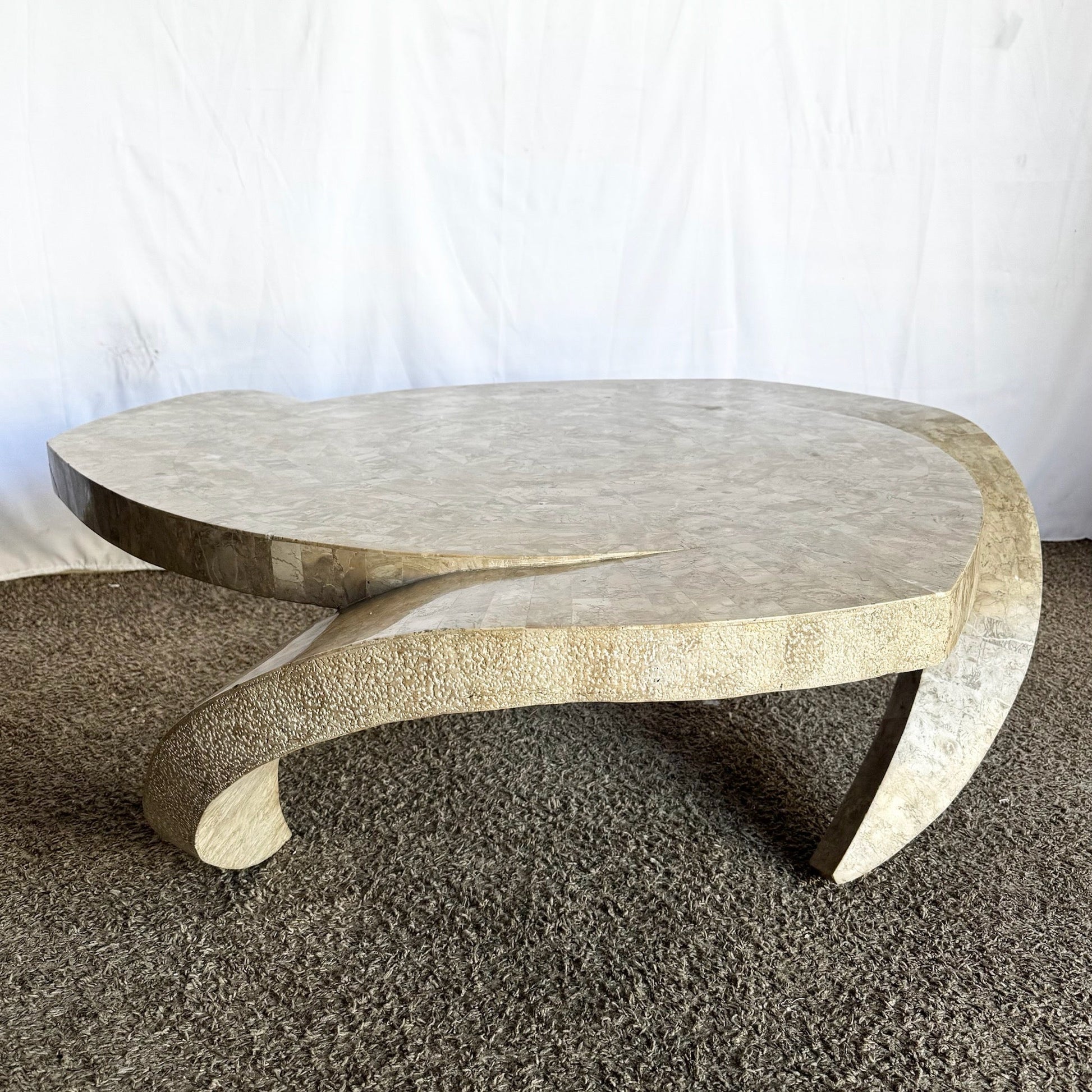 Postmodern Maitland Smith Style Sculpted Circular Polished Tessellated Stone Coffee Table - Dolphin & Flamingo