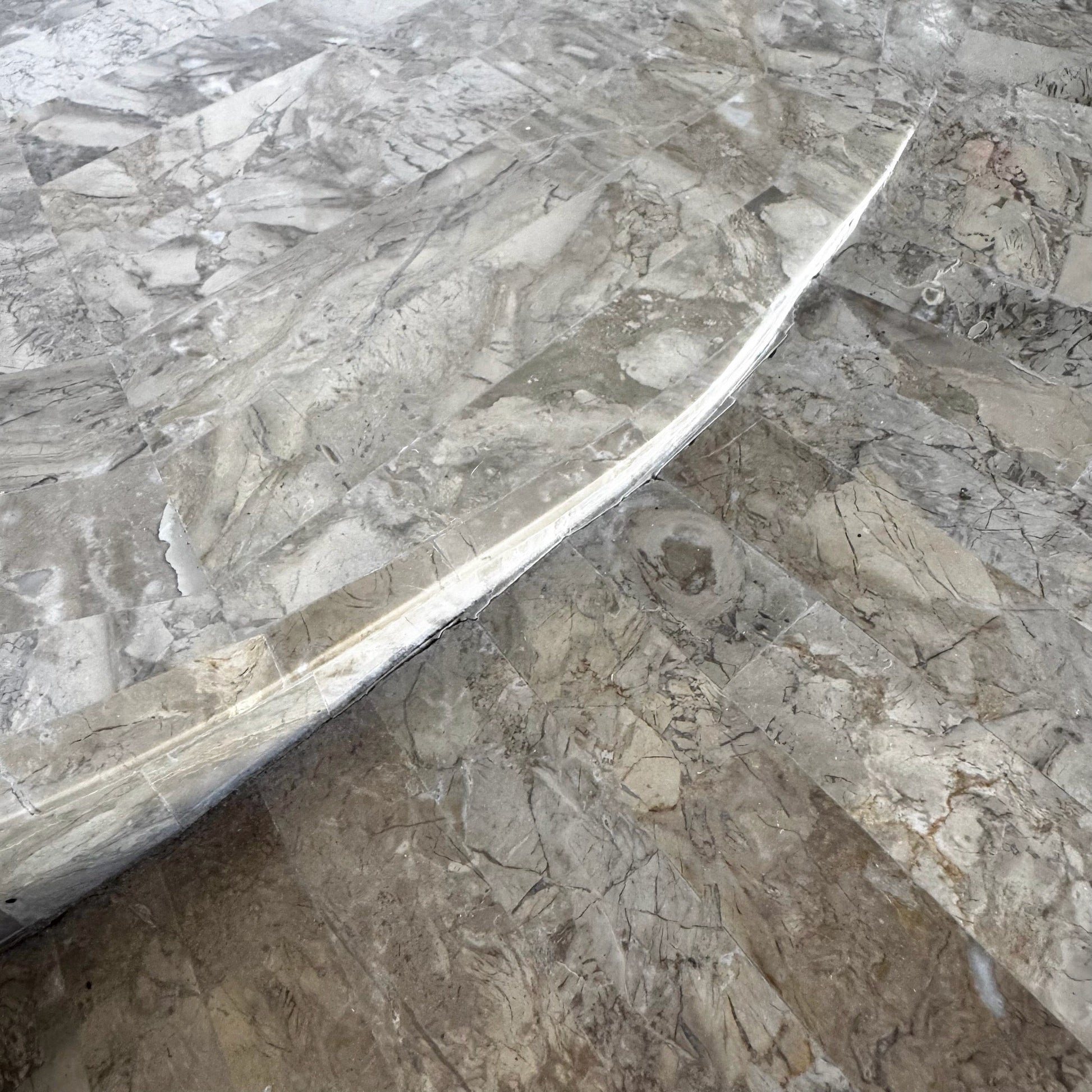 Postmodern Maitland Smith Style Sculpted Circular Polished Tessellated Stone Coffee Table - Dolphin & Flamingo