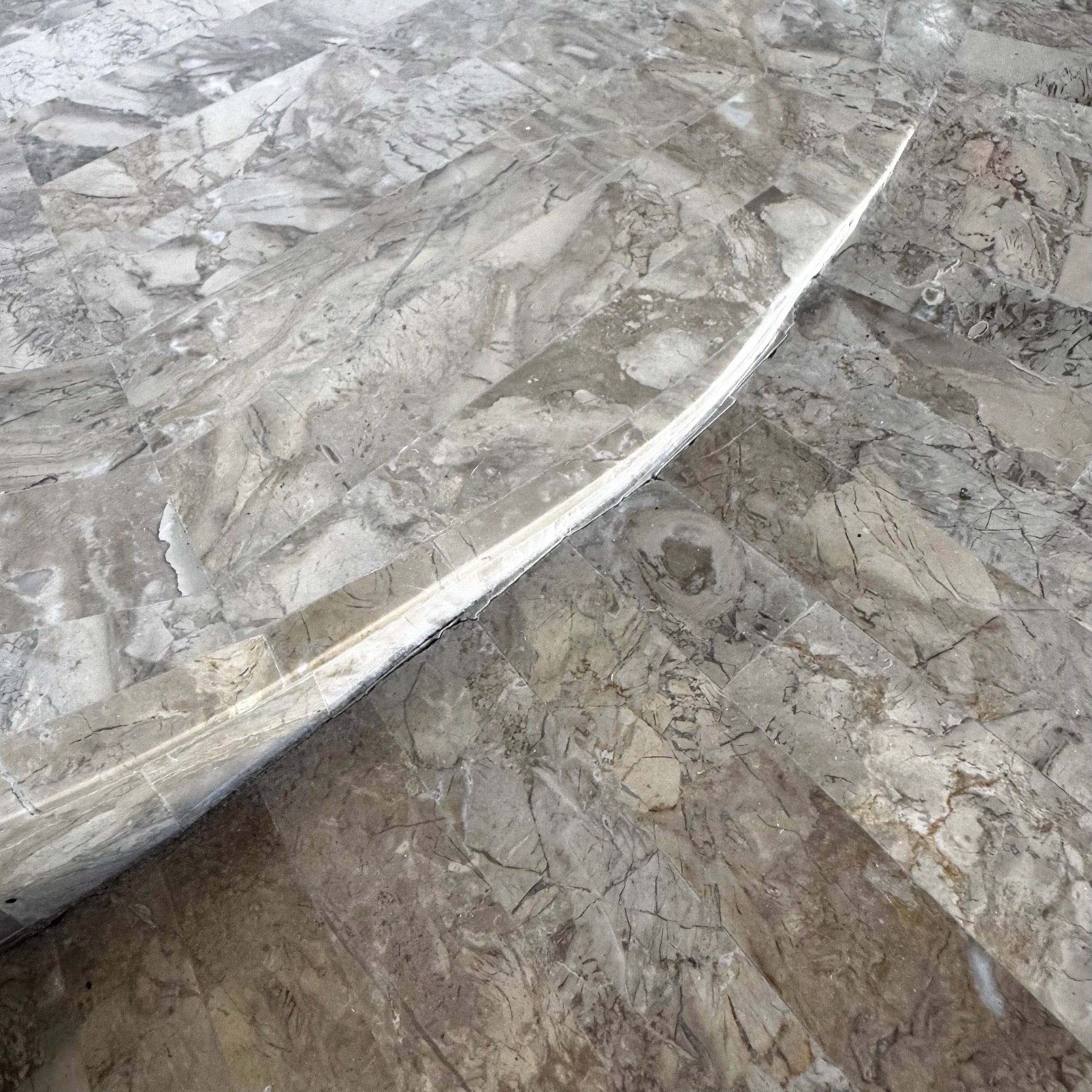 Postmodern Maitland Smith Style Sculpted Circular Polished Tessellated Stone Coffee Table - Dolphin & Flamingo