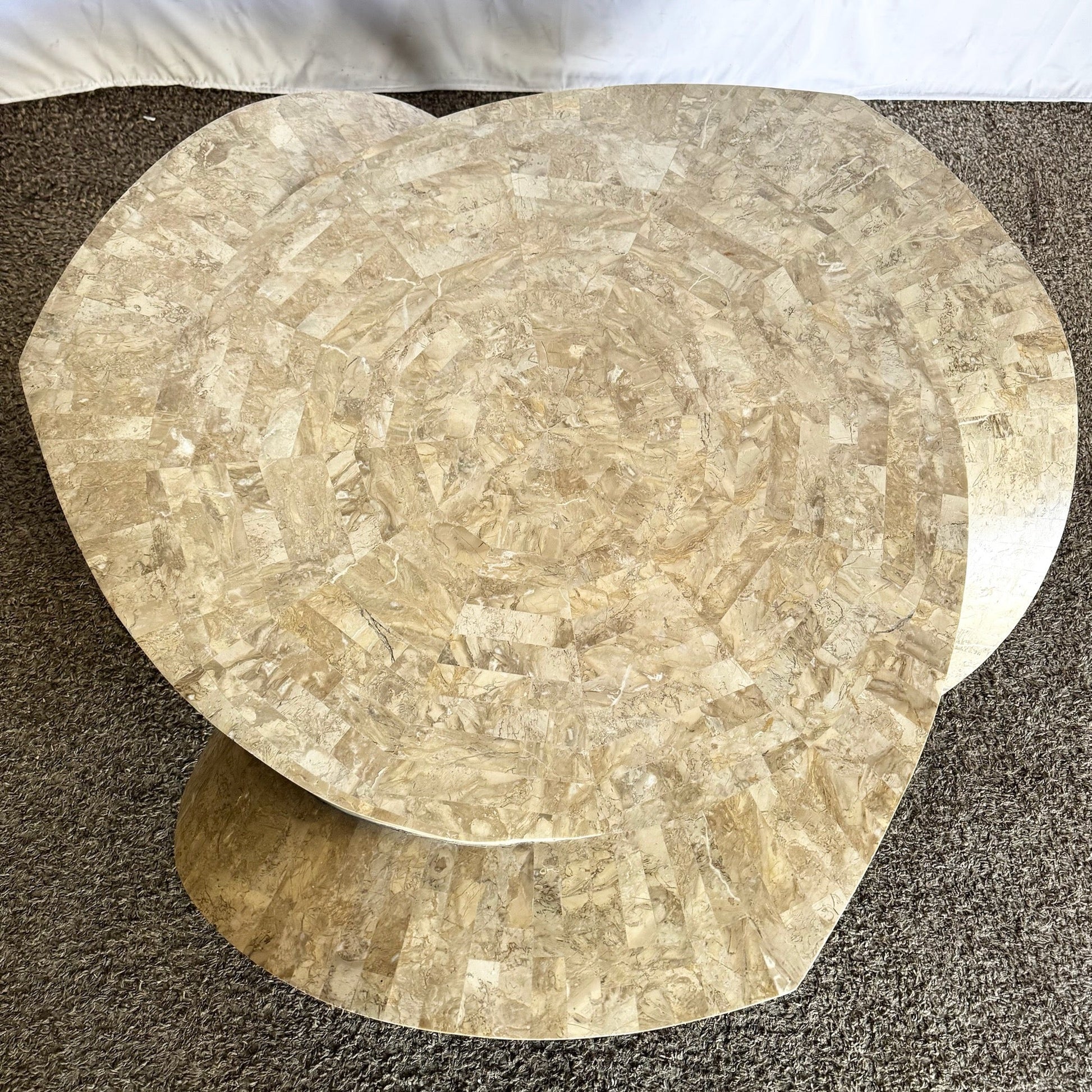 Postmodern Maitland Smith Style Sculpted Circular Polished Tessellated Stone Coffee Table - Dolphin & Flamingo