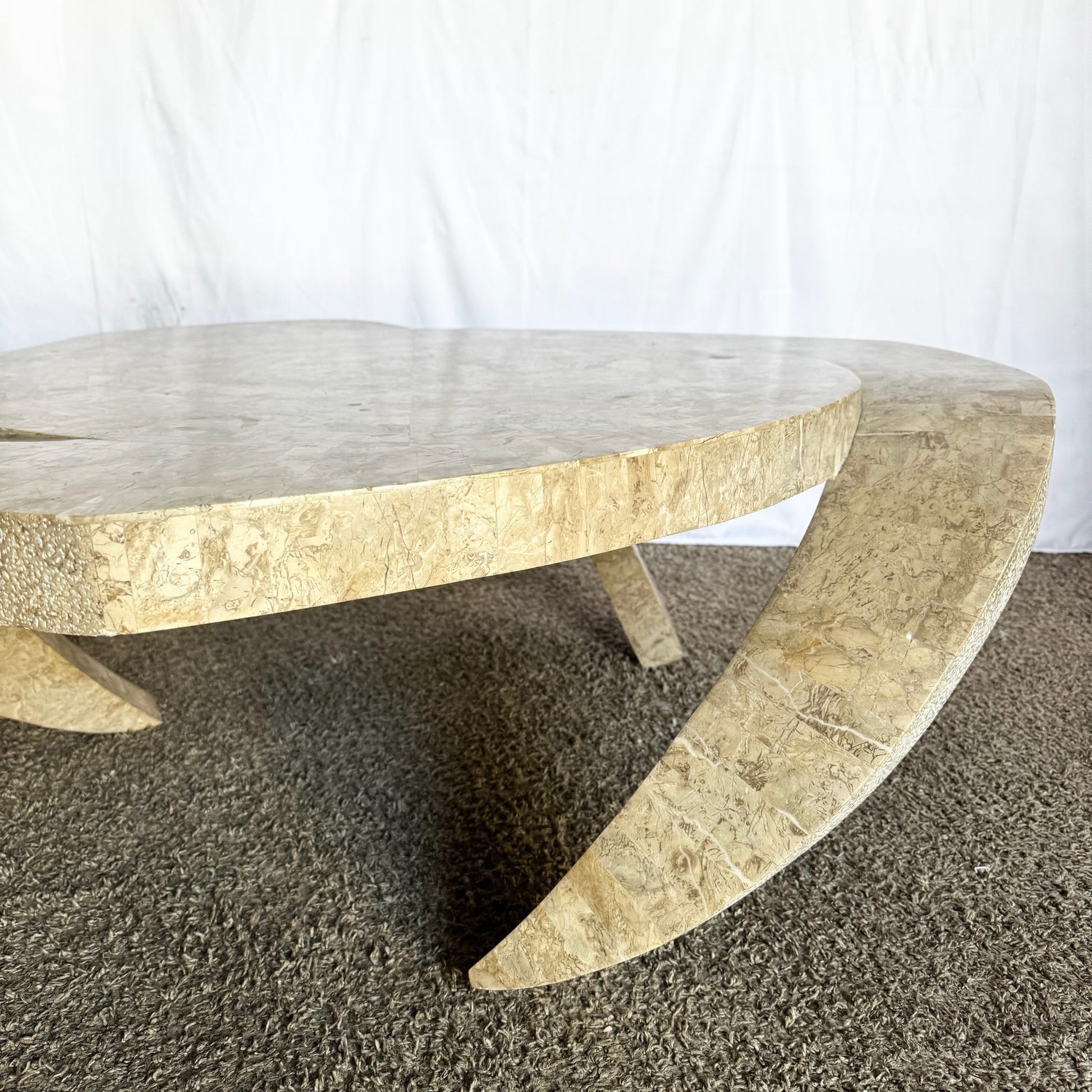 Postmodern Maitland Smith Style Sculpted Circular Polished Tessellated Stone Coffee Table - Dolphin & Flamingo