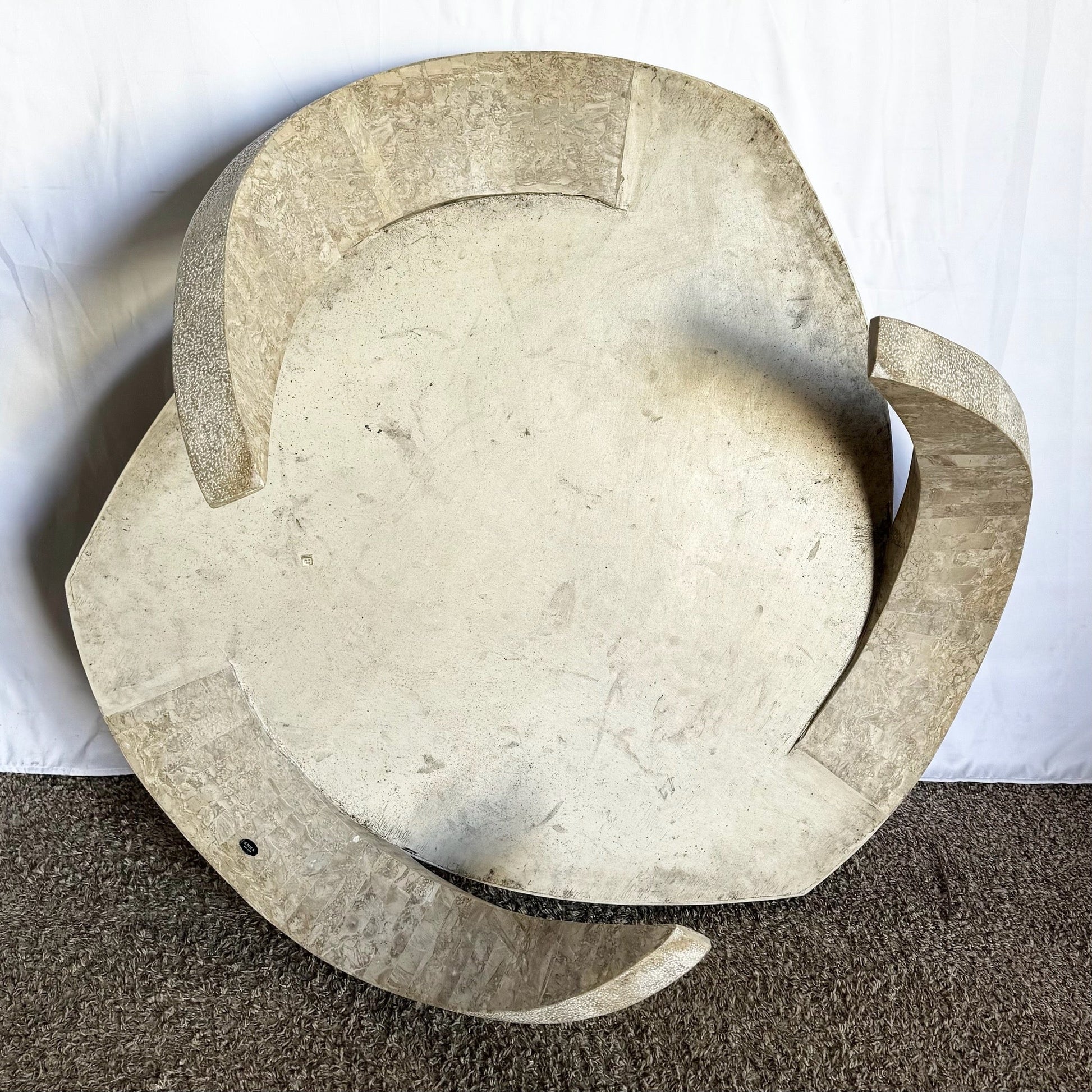 Postmodern Maitland Smith Style Sculpted Circular Polished Tessellated Stone Coffee Table - Dolphin & Flamingo