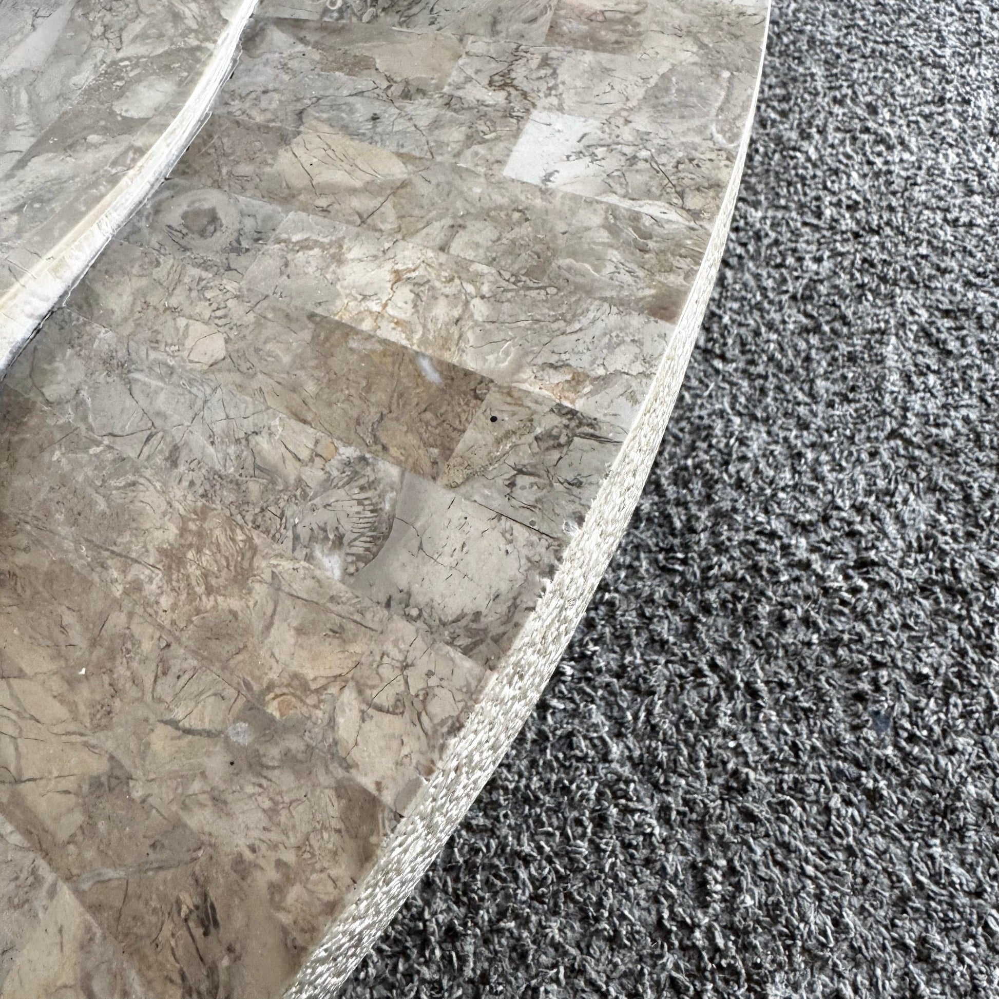 Postmodern Maitland Smith Style Sculpted Circular Polished Tessellated Stone Coffee Table - Dolphin & Flamingo
