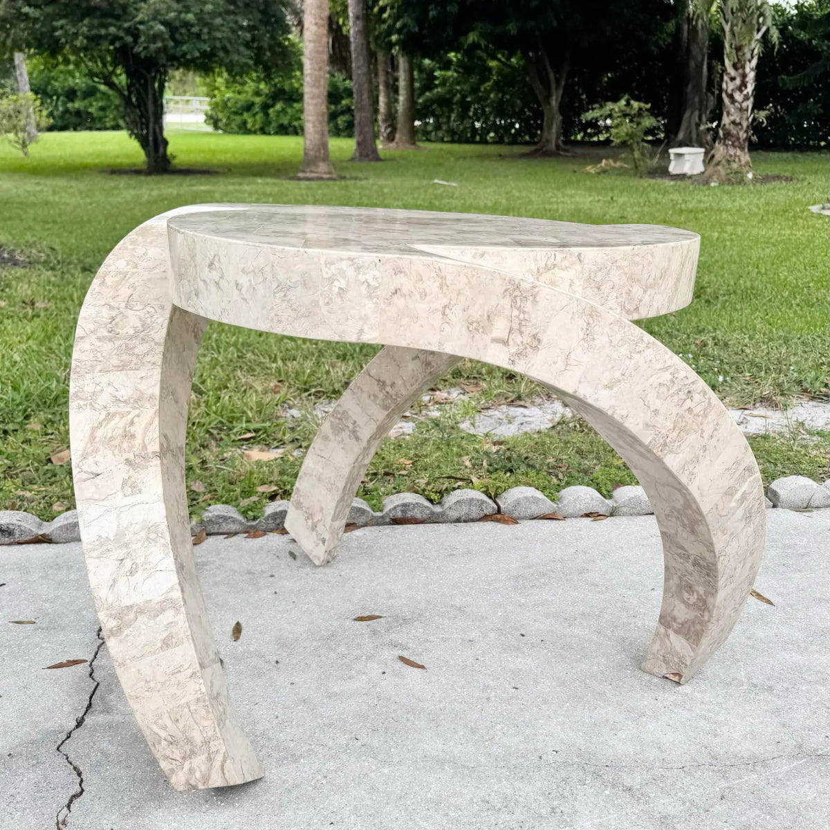 Postmodern Maitland Smith Style Sculpted Circular Polished Tessellated Stone Side Table - Dolphin & Flamingo