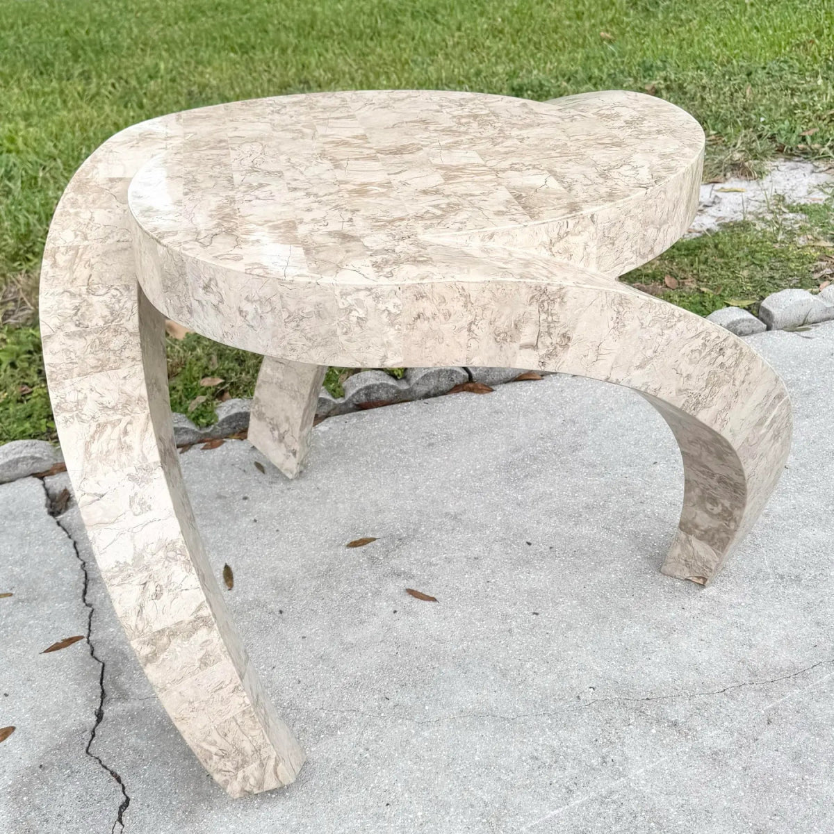 Postmodern Maitland Smith Style Sculpted Circular Polished Tessellated Stone Side Table - Dolphin & Flamingo
