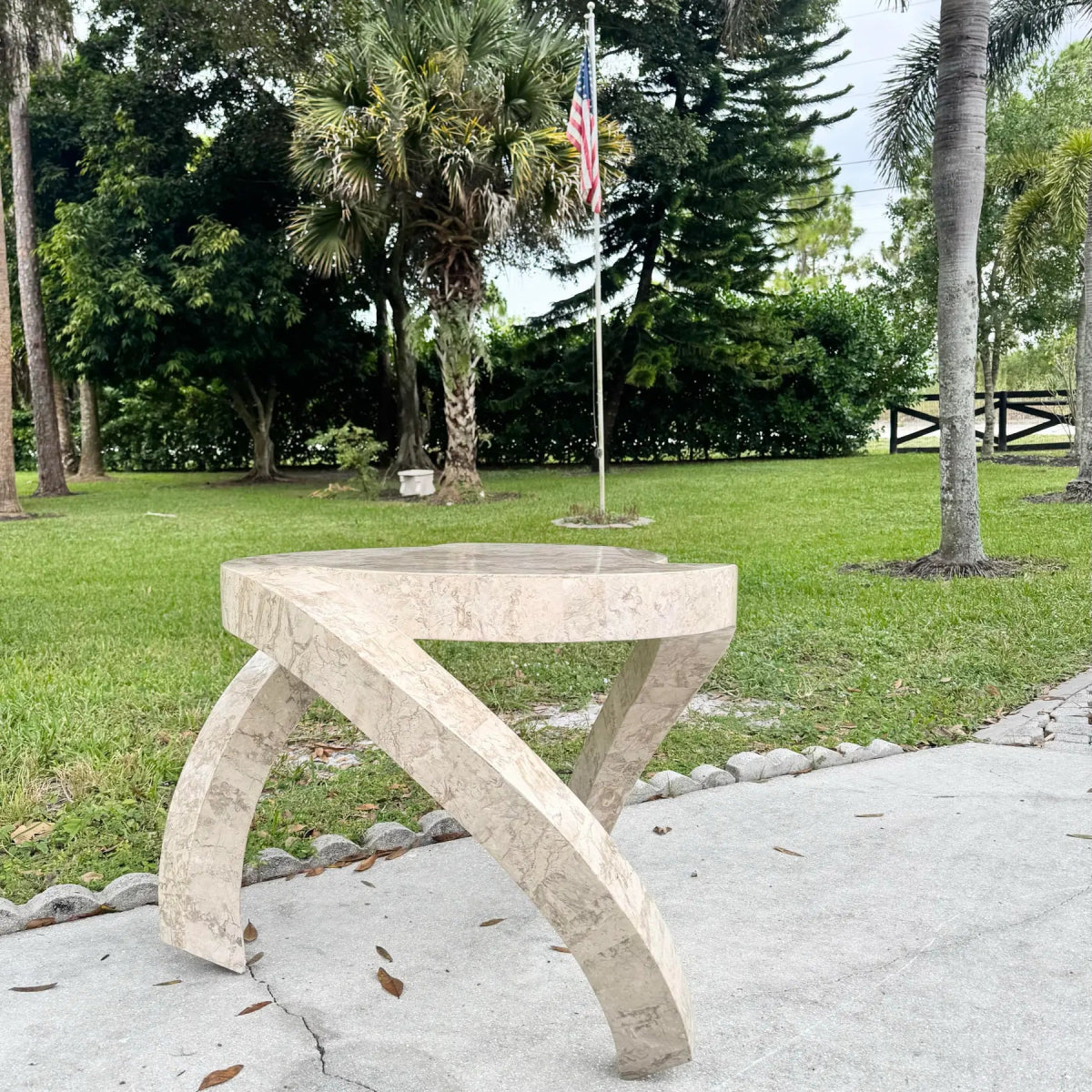 Postmodern Maitland Smith Style Sculpted Circular Polished Tessellated Stone Side Table - Dolphin & Flamingo