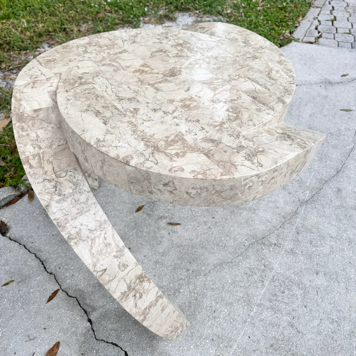 Postmodern Maitland Smith Style Sculpted Circular Polished Tessellated Stone Side Table - Dolphin & Flamingo