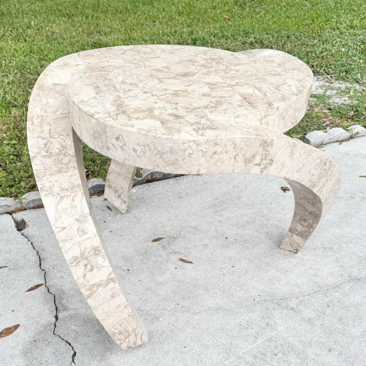 Postmodern Maitland Smith Style Sculpted Circular Polished Tessellated Stone Side Table - Dolphin & Flamingo