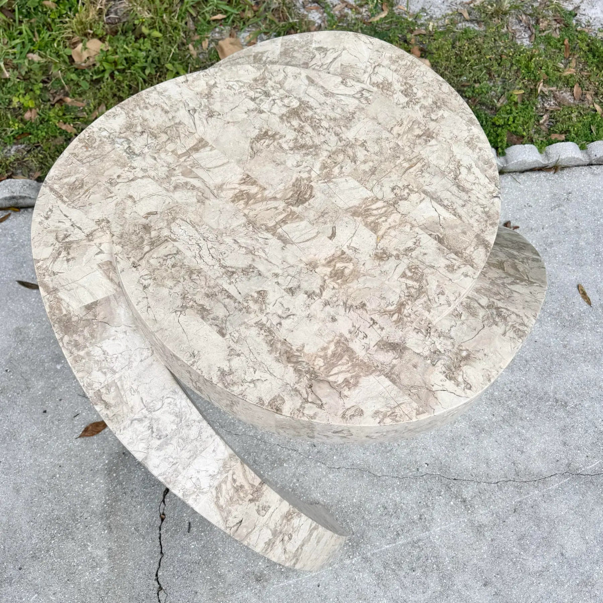 Postmodern Maitland Smith Style Sculpted Circular Polished Tessellated Stone Side Table - Dolphin & Flamingo